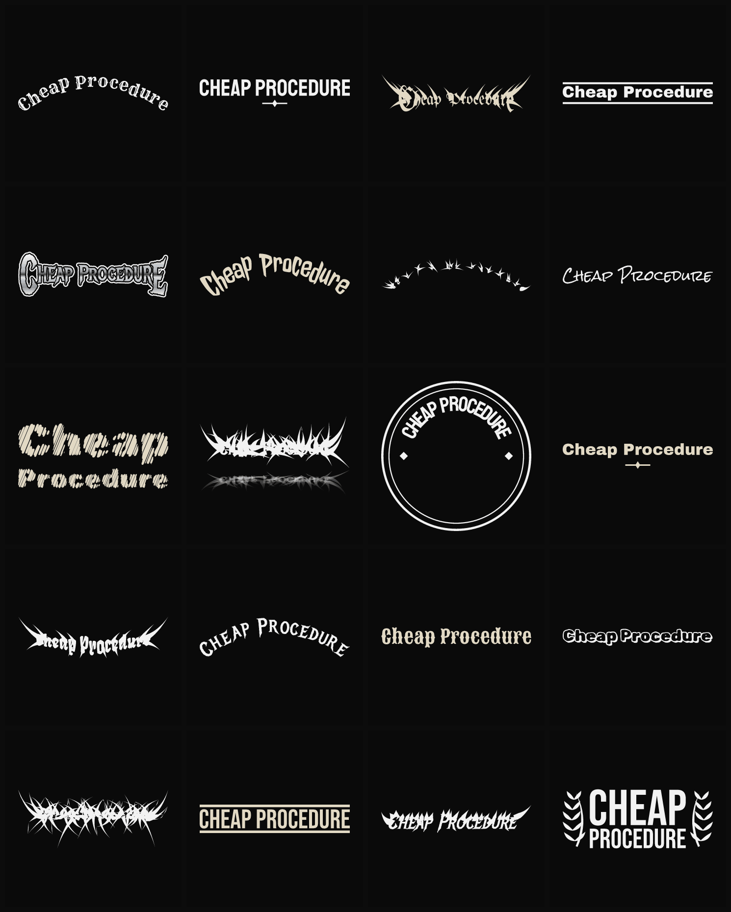 Twenty Cheap Procedure band logo ideas — different faces, treatments and spike settings