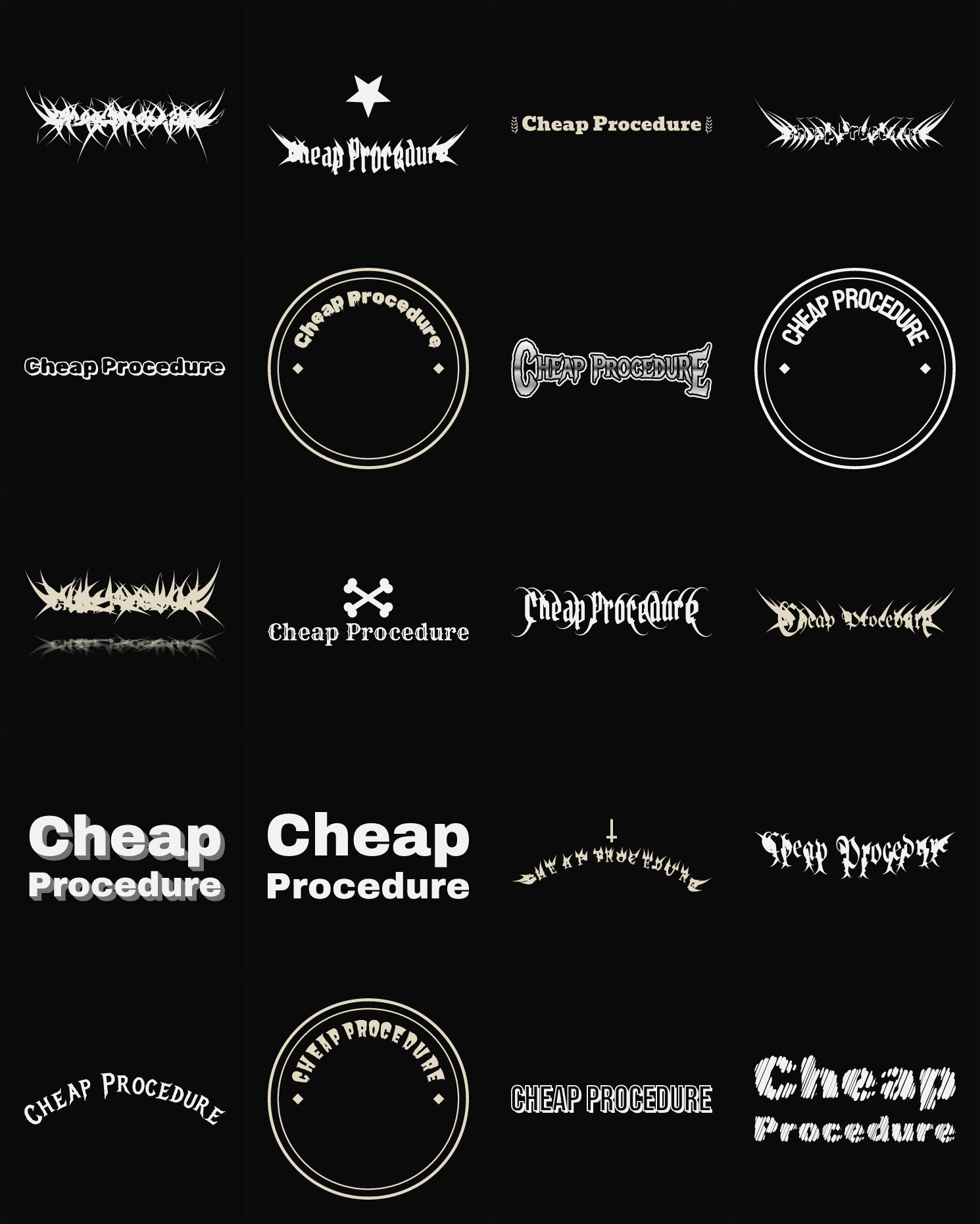 Twenty Cheap Procedure band logo ideas — different faces, treatments and spike settings