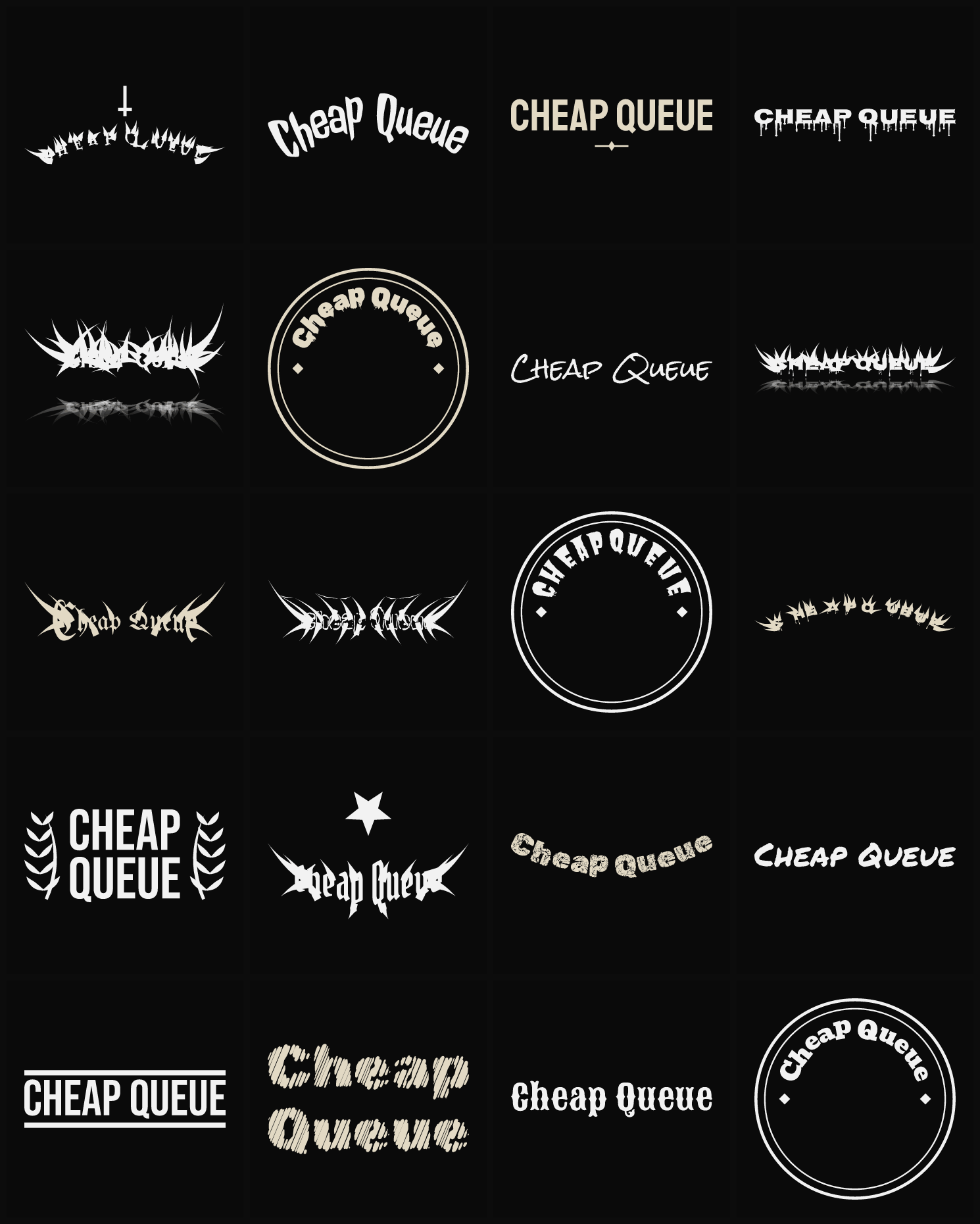 Twenty Cheap Queue band logo ideas — different faces, treatments and spike settings