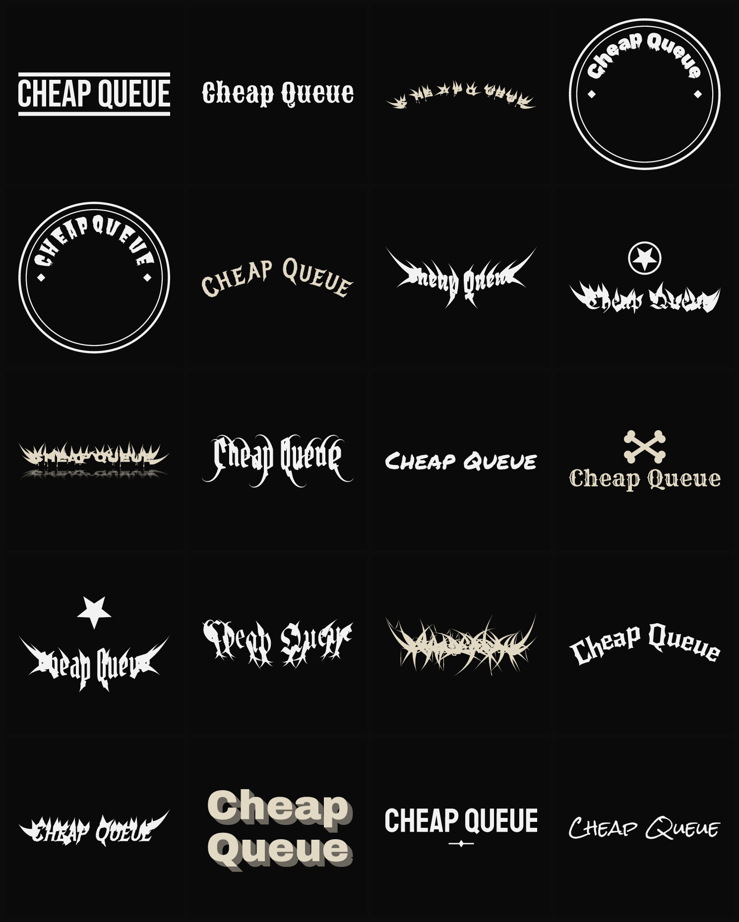 Twenty Cheap Queue band logo ideas — different faces, treatments and spike settings