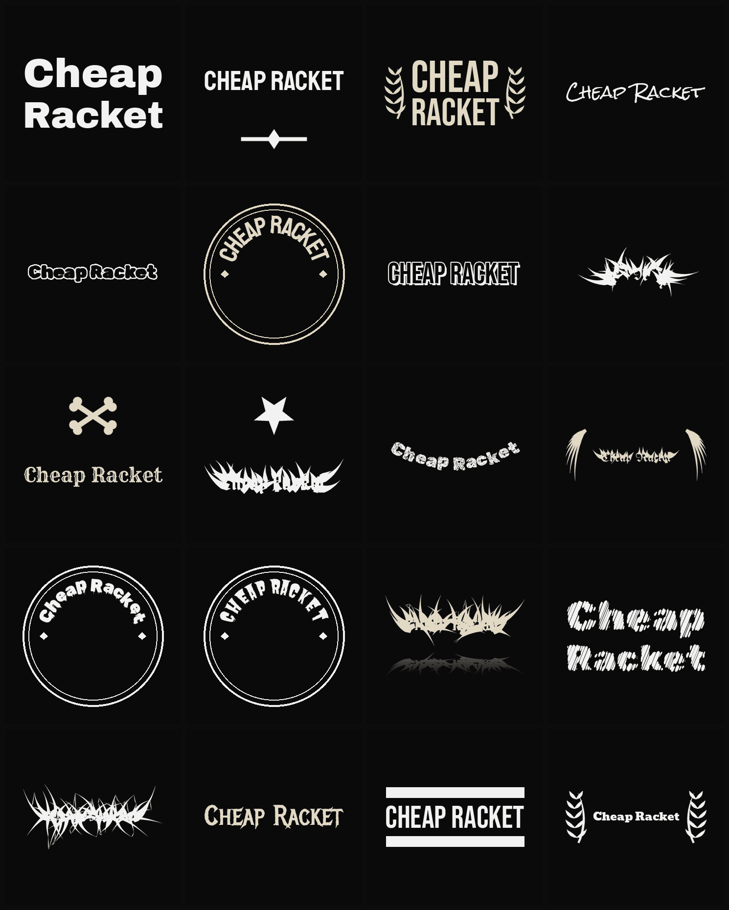 Twenty Cheap Racket band logo ideas — different faces, treatments and spike settings