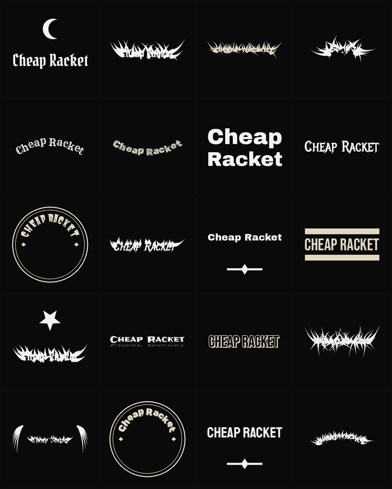 Twenty Cheap Racket band logo ideas — different faces, treatments and spike settings