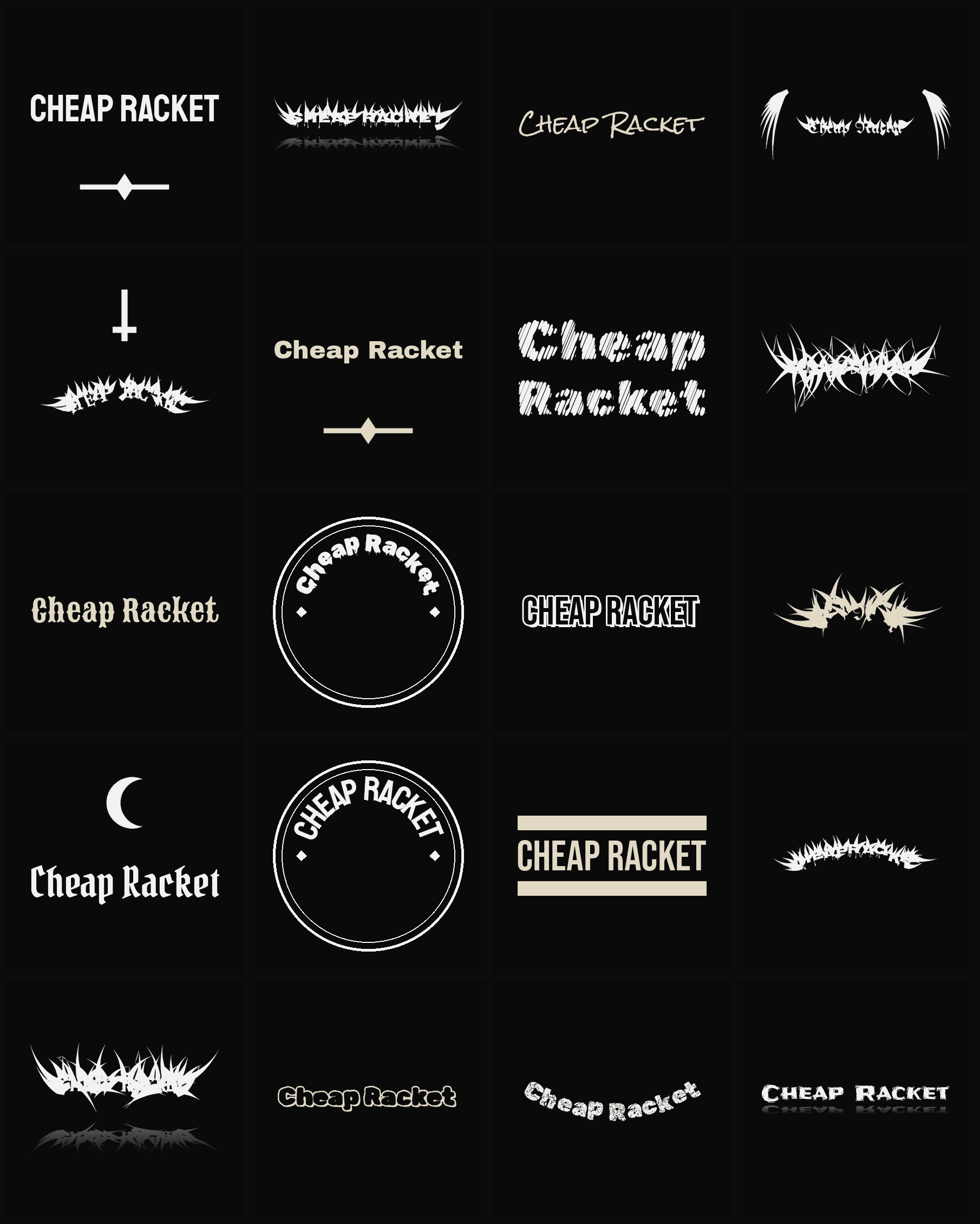 Twenty Cheap Racket band logo ideas — different faces, treatments and spike settings