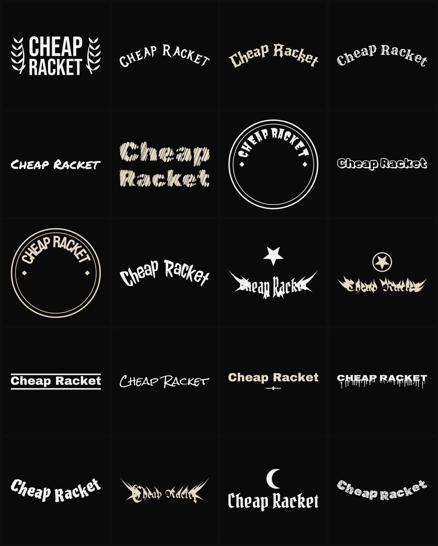 Twenty Cheap Racket band logo ideas — different faces, treatments and spike settings