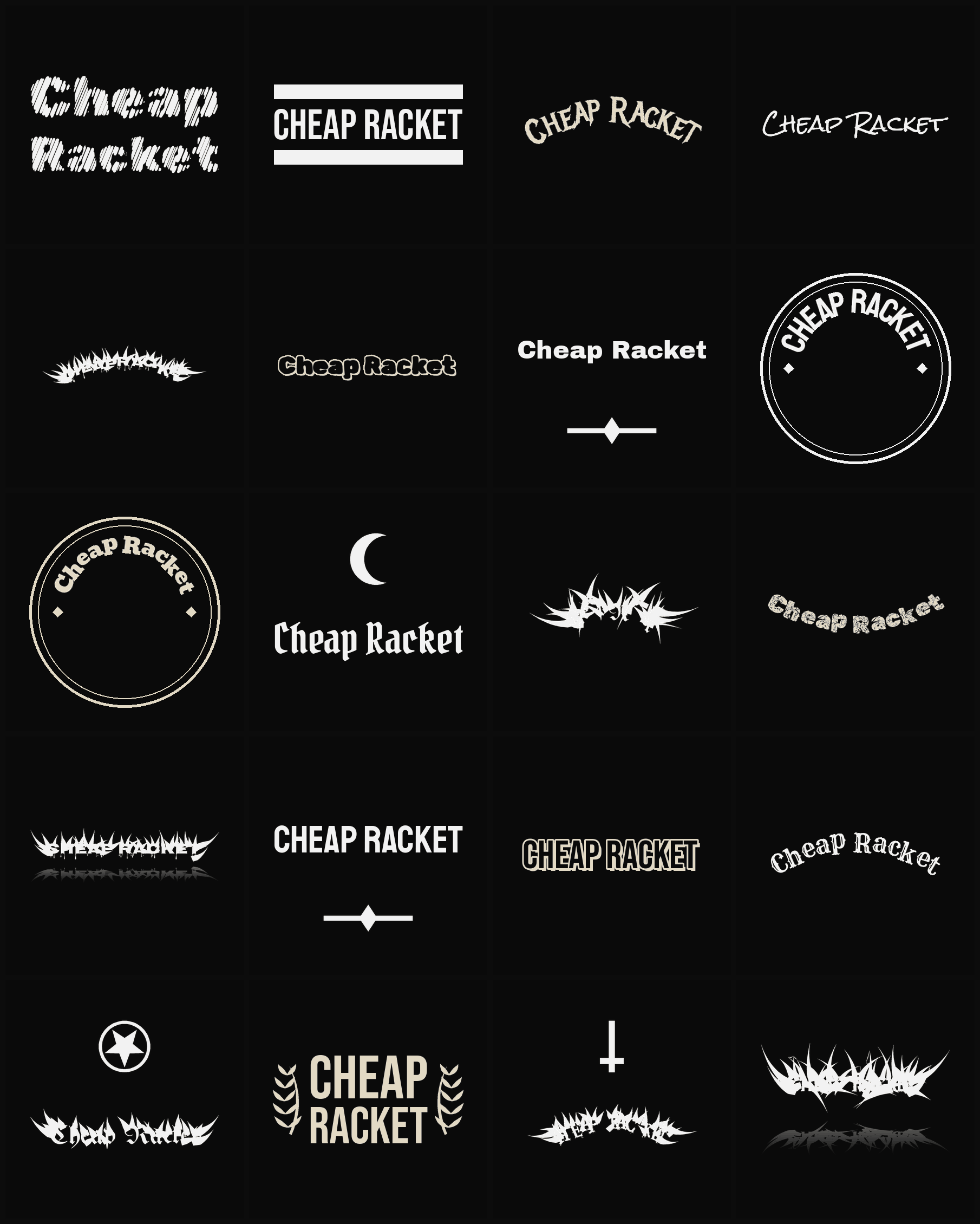 Twenty Cheap Racket band logo ideas — different faces, treatments and spike settings