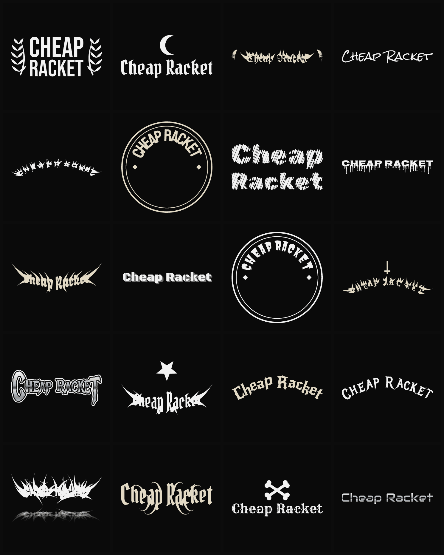 Twenty Cheap Racket band logo ideas — different faces, treatments and spike settings