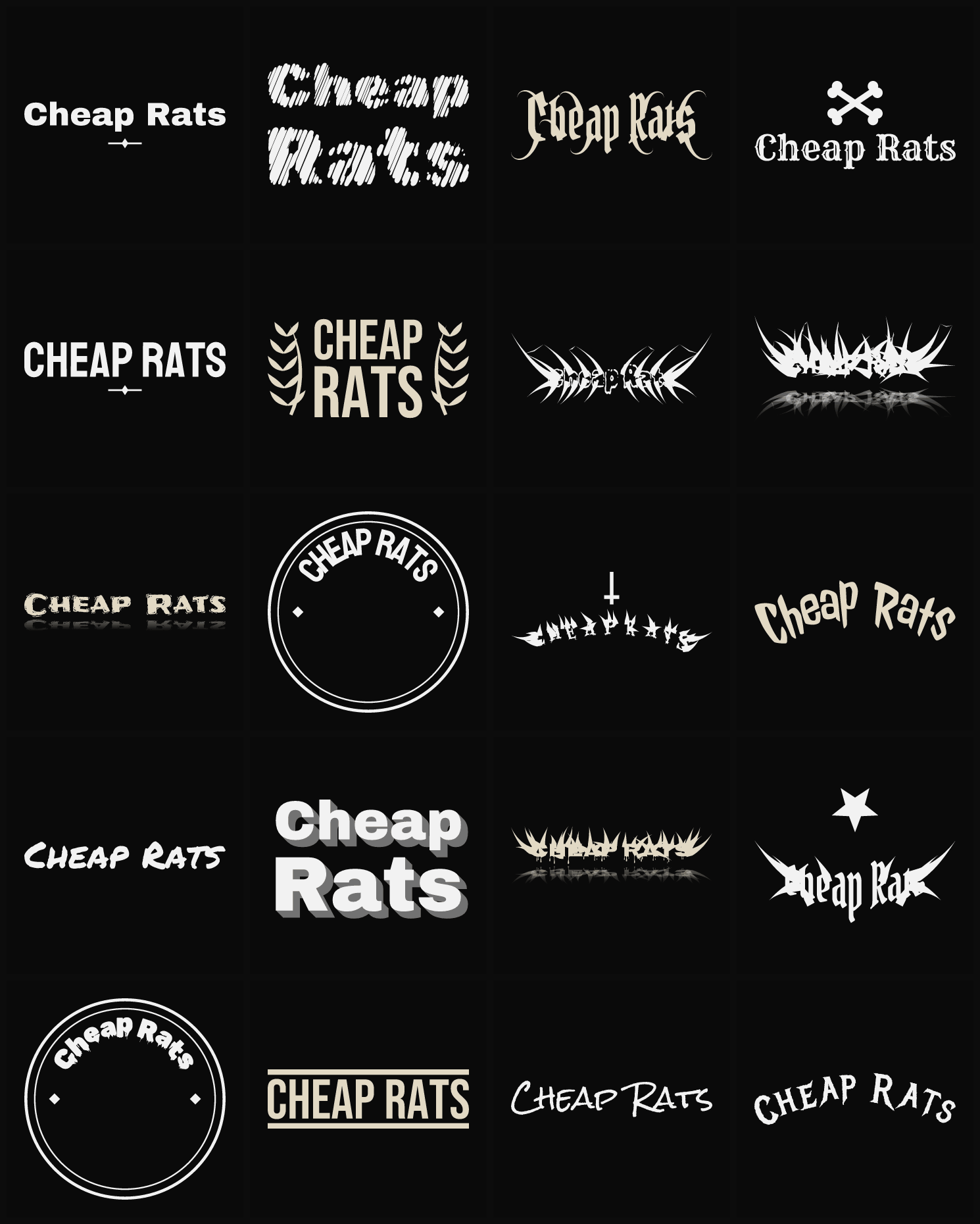 Twenty Cheap Rats band logo ideas — different faces, treatments and spike settings