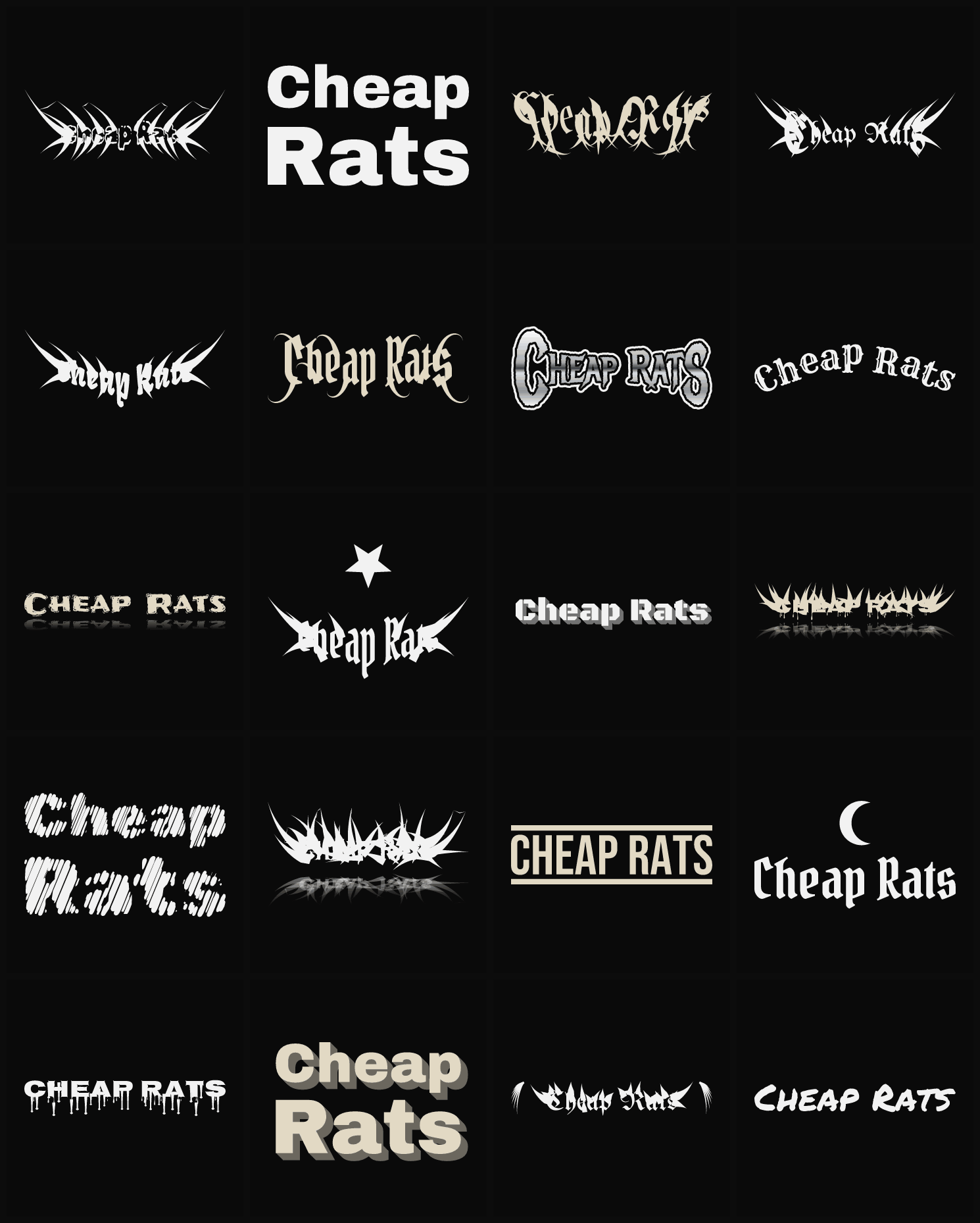 Twenty Cheap Rats band logo ideas — different faces, treatments and spike settings