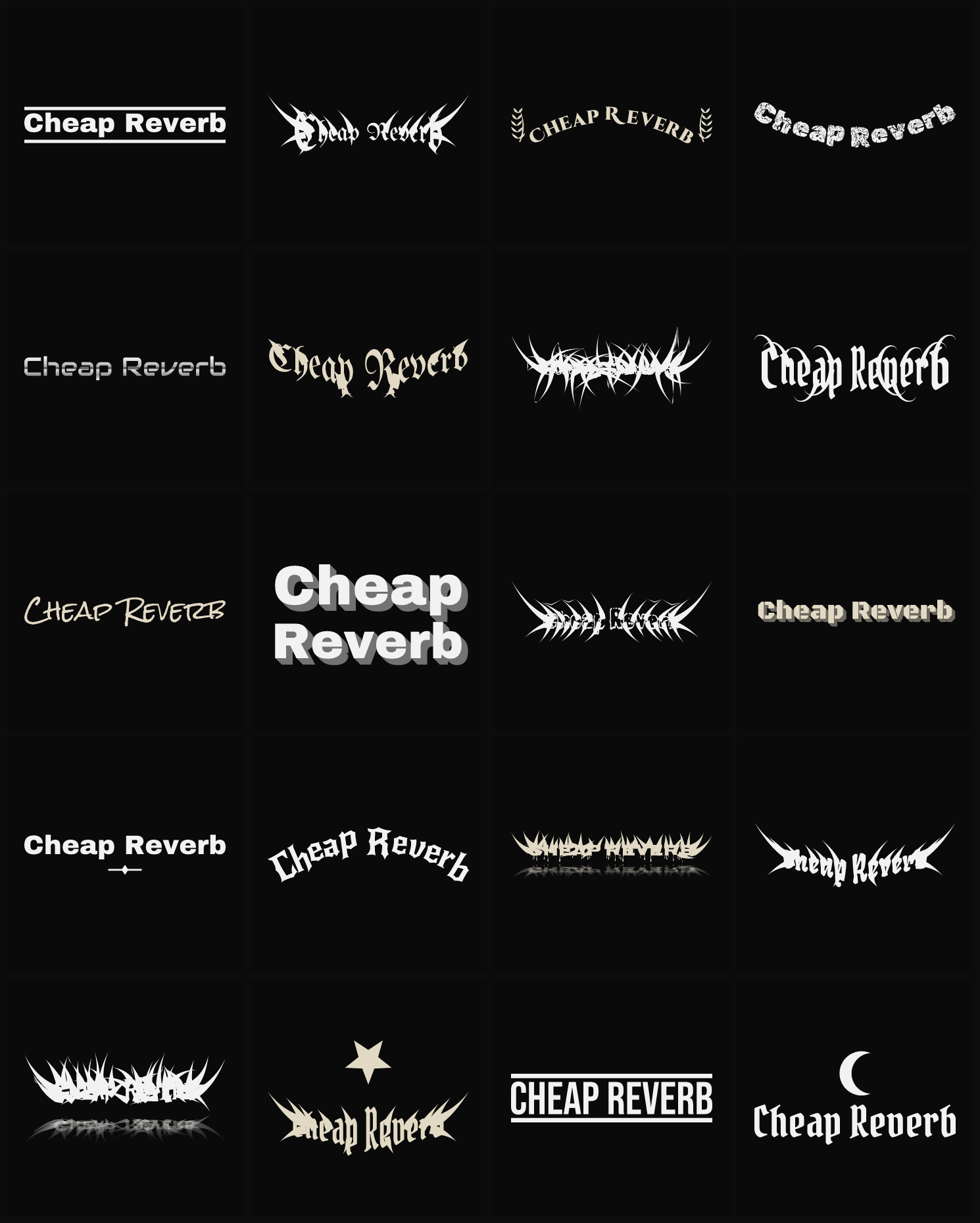 Twenty Cheap Reverb band logo ideas — different faces, treatments and spike settings