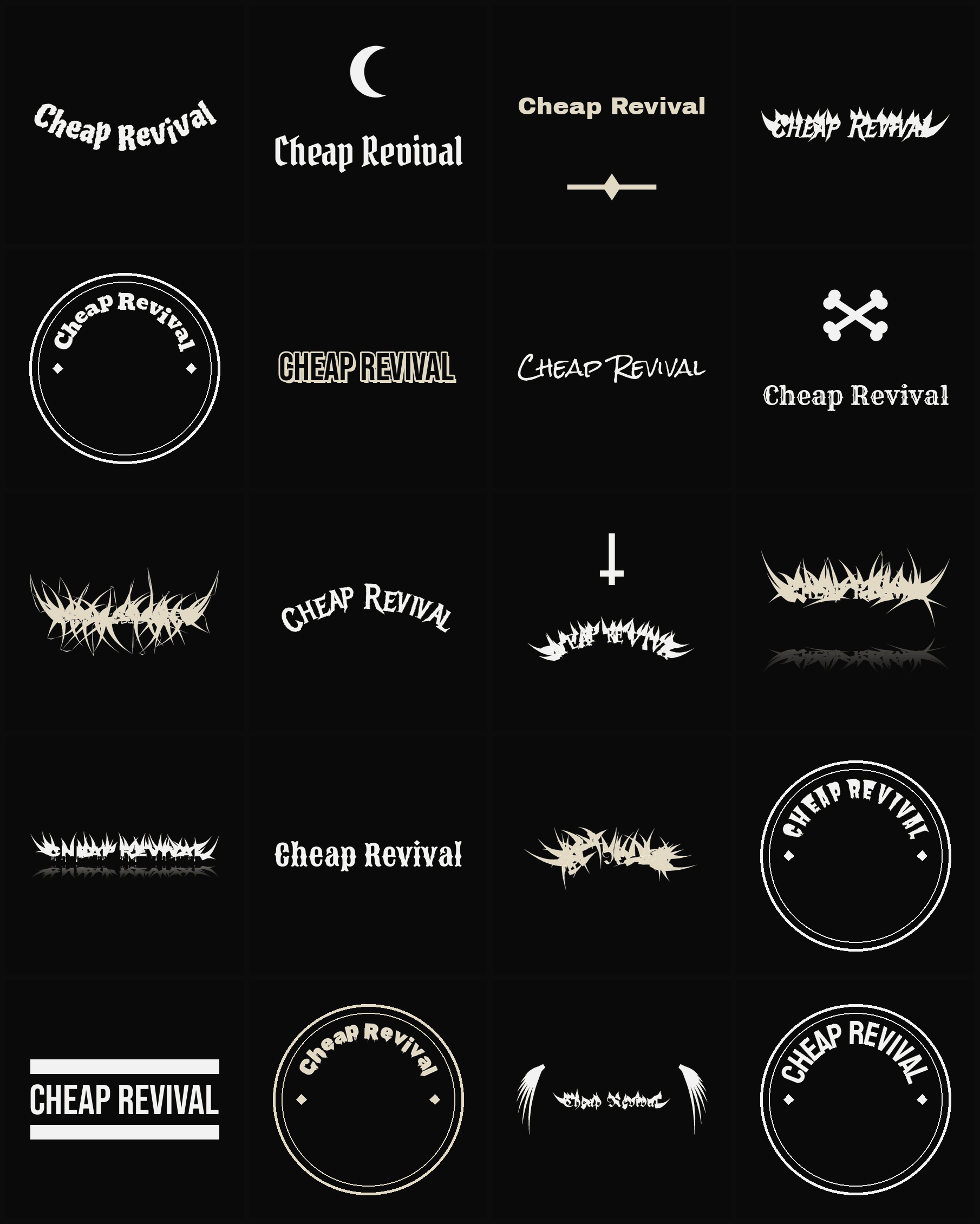 Twenty Cheap Revival band logo ideas — different faces, treatments and spike settings