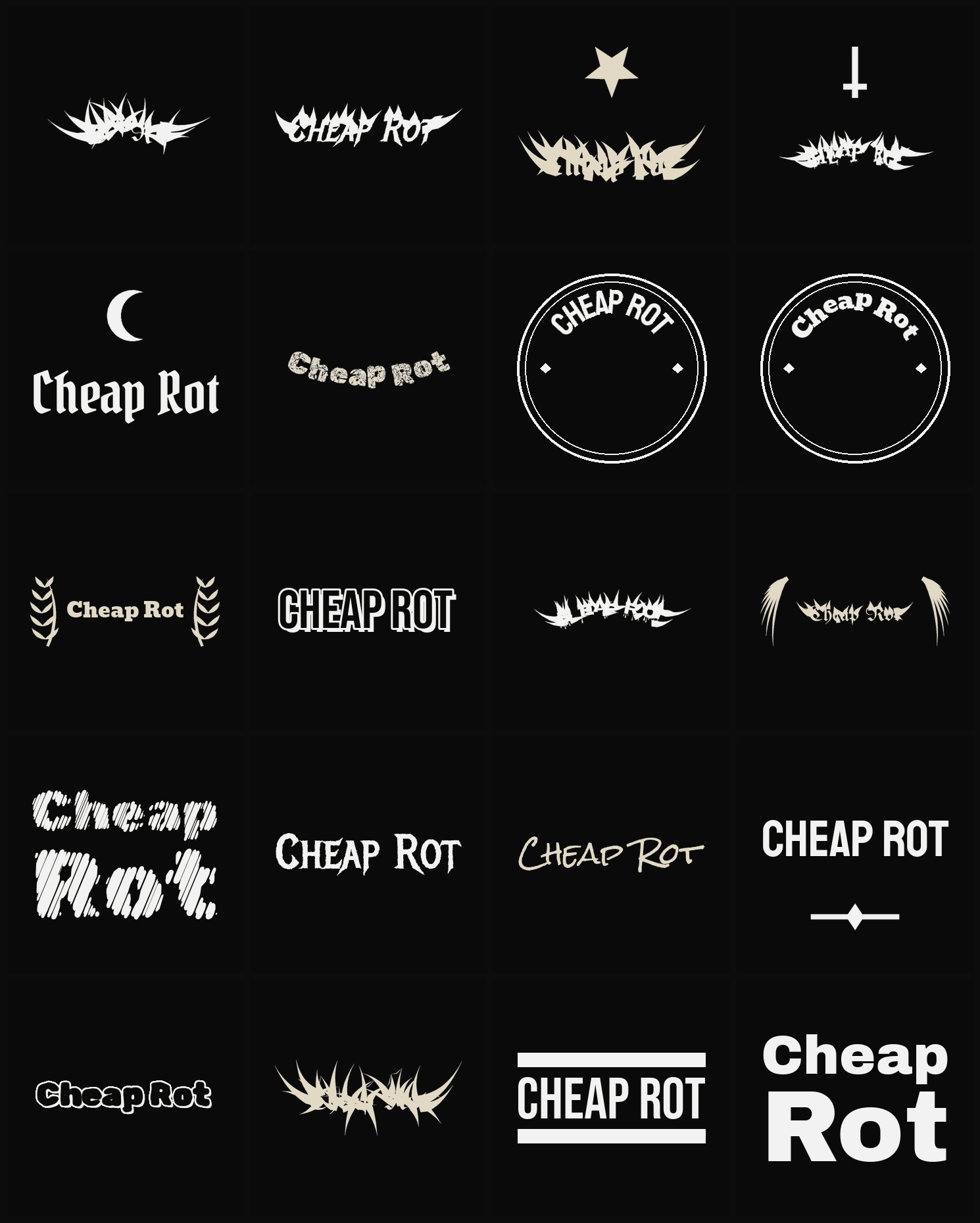 Twenty Cheap Rot band logo ideas — different faces, treatments and spike settings