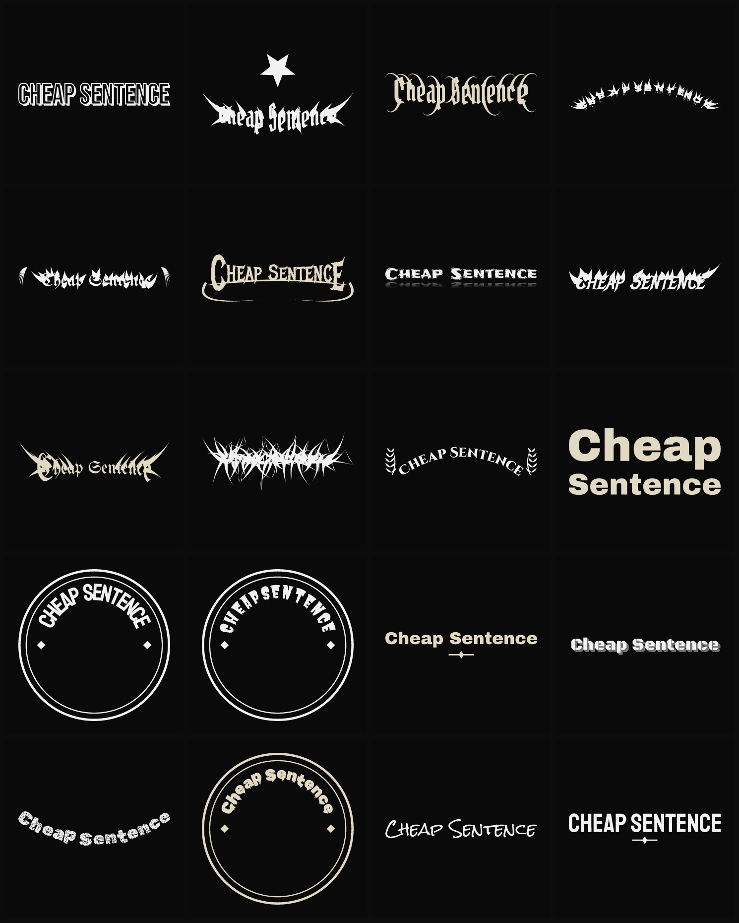 Twenty Cheap Sentence band logo ideas — different faces, treatments and spike settings