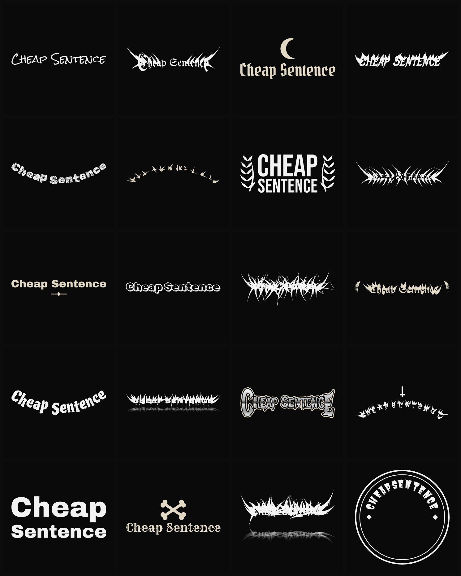 Twenty Cheap Sentence band logo ideas — different faces, treatments and spike settings
