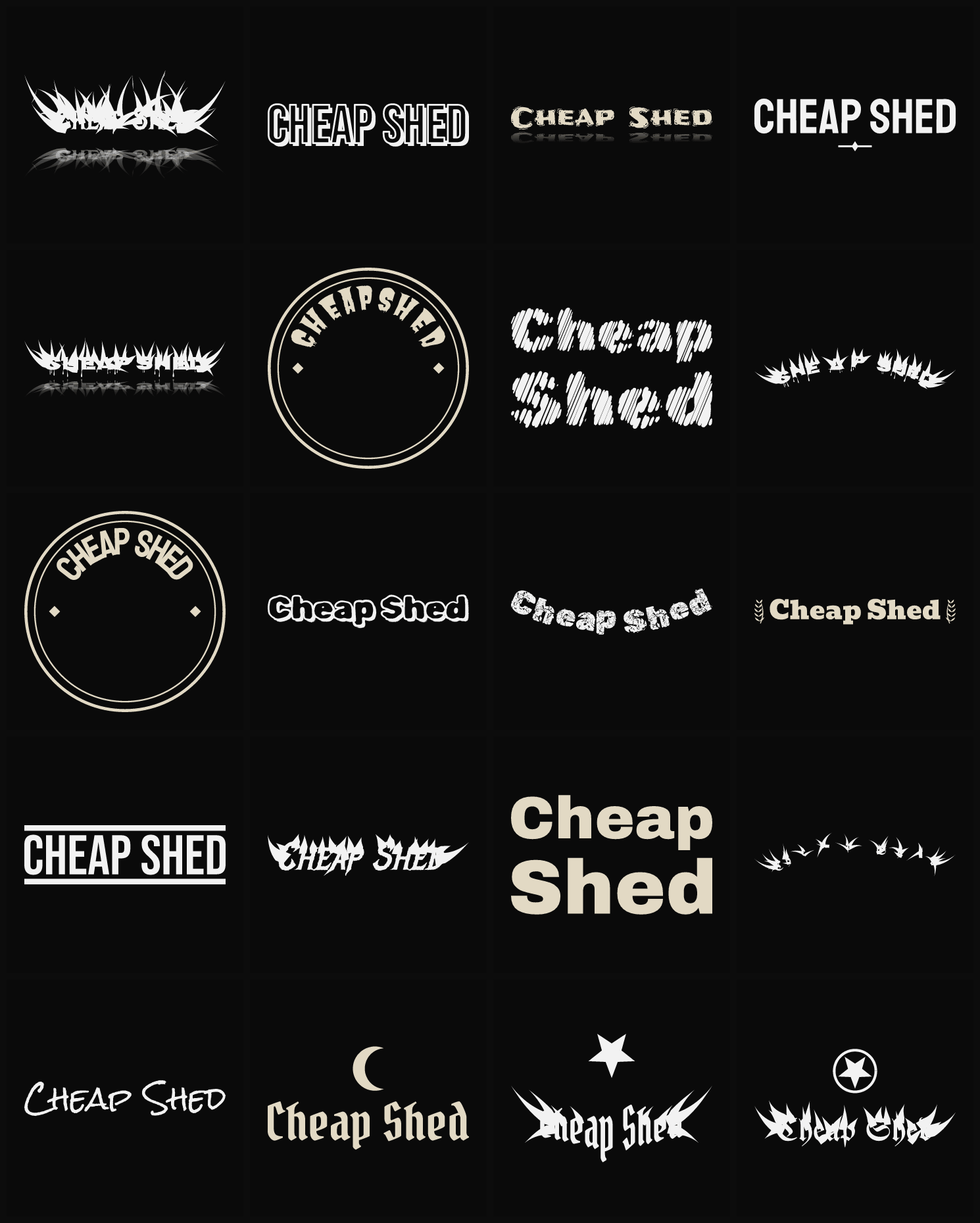 Twenty Cheap Shed band logo ideas — different faces, treatments and spike settings