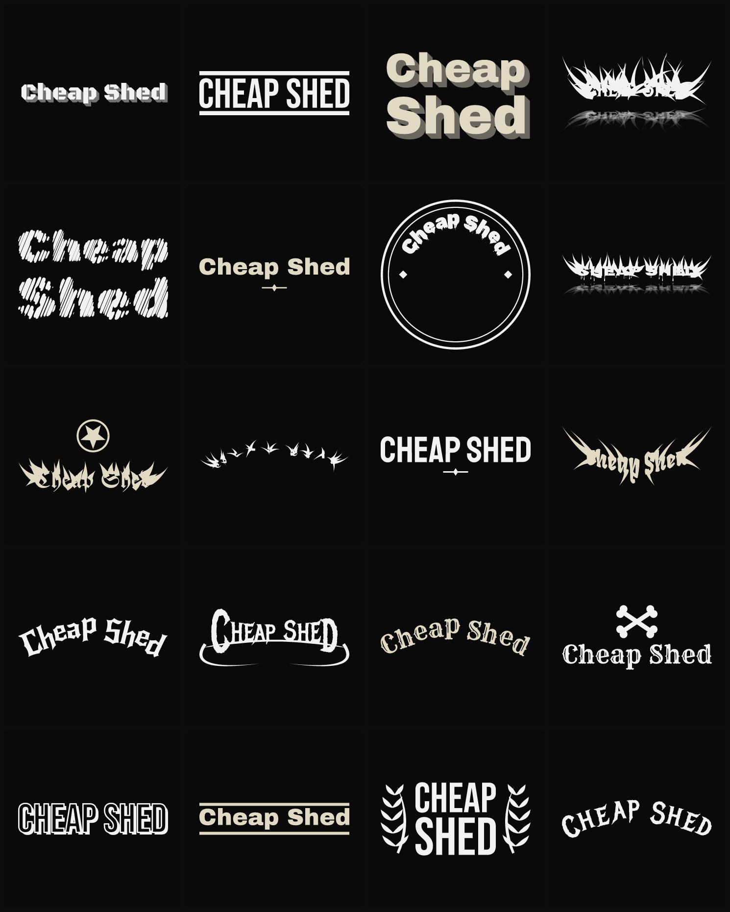 Twenty Cheap Shed band logo ideas — different faces, treatments and spike settings