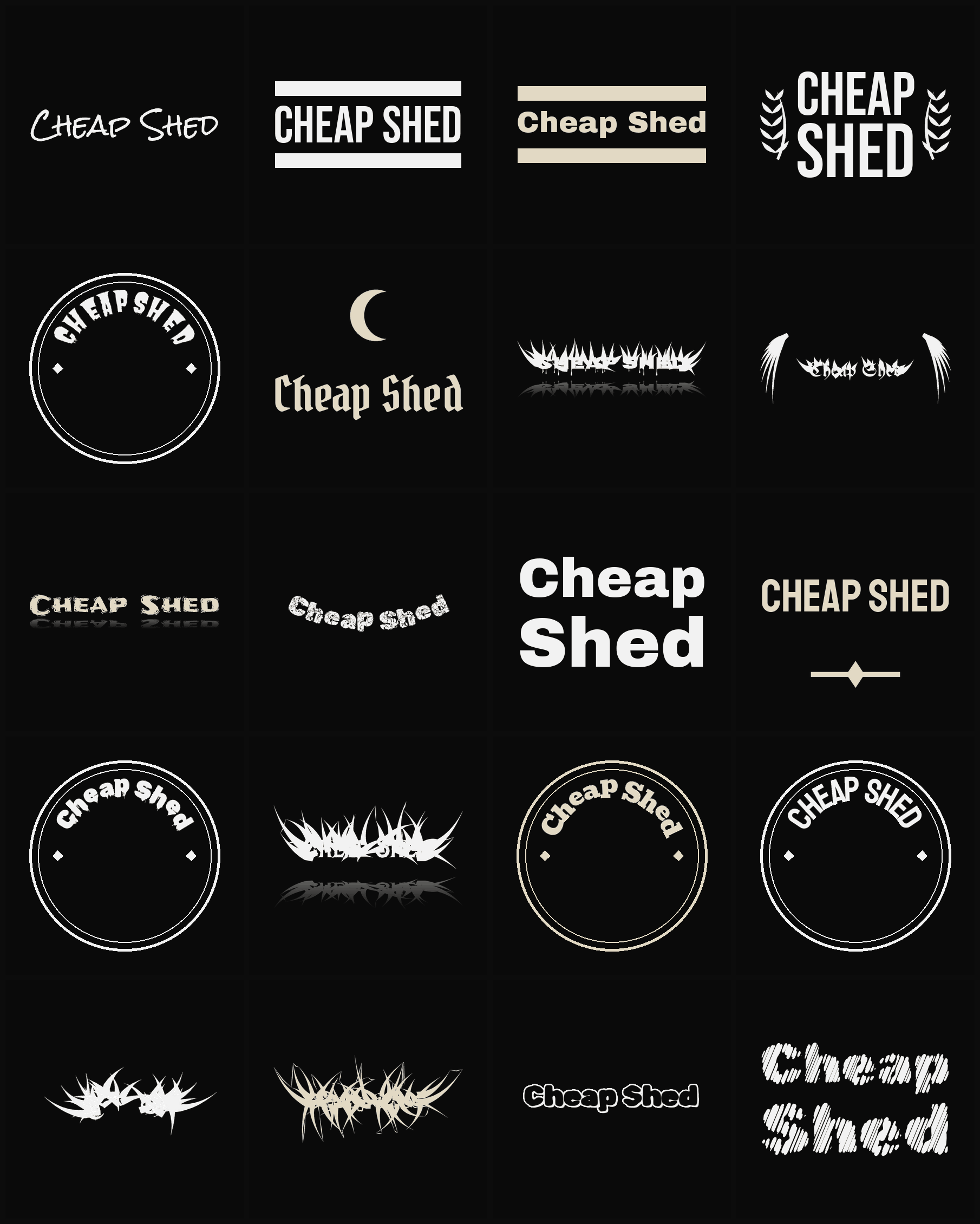 Twenty Cheap Shed band logo ideas — different faces, treatments and spike settings