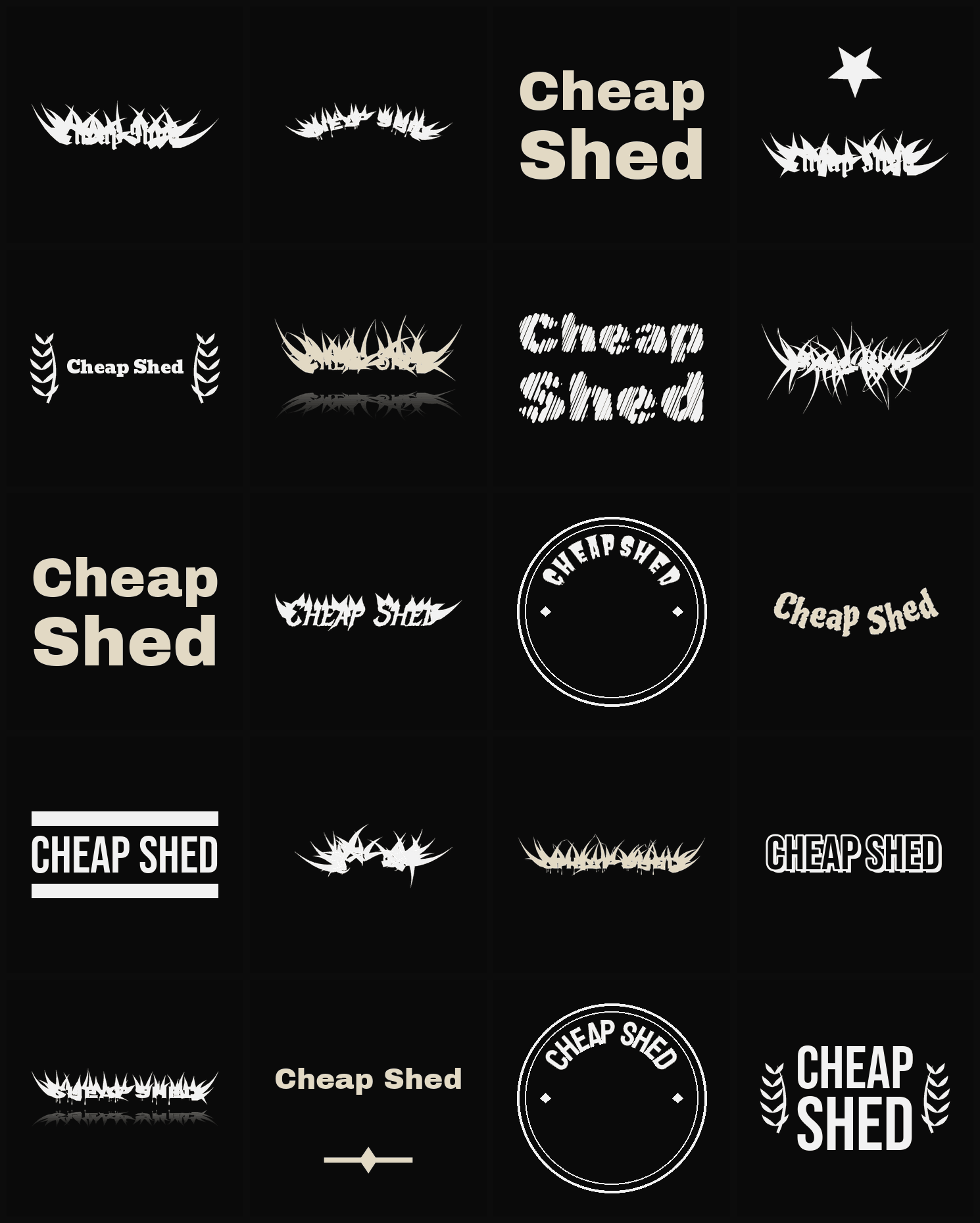 Twenty Cheap Shed band logo ideas — different faces, treatments and spike settings