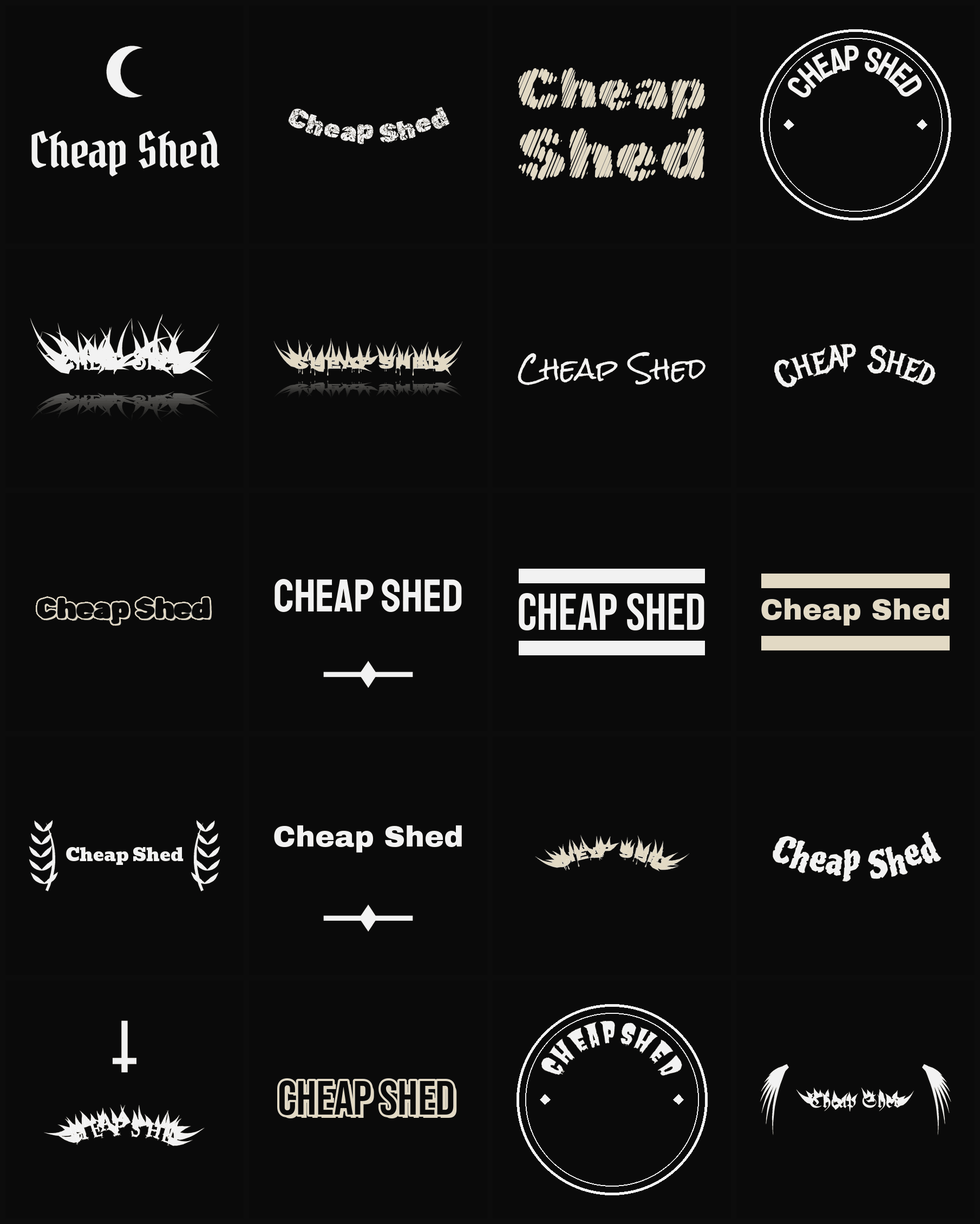 Twenty Cheap Shed band logo ideas — different faces, treatments and spike settings