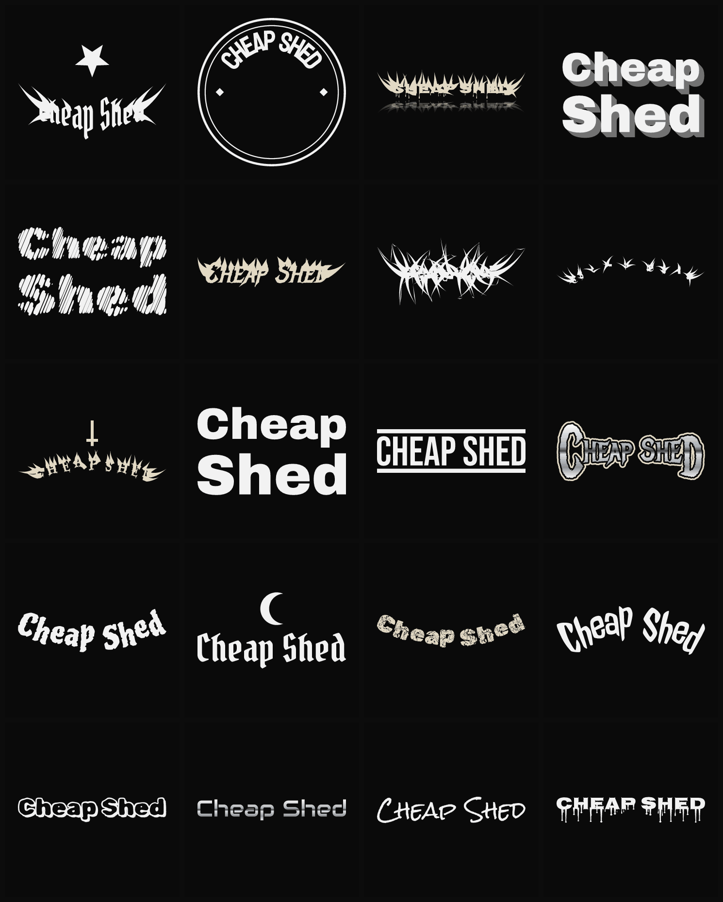 Twenty Cheap Shed band logo ideas — different faces, treatments and spike settings