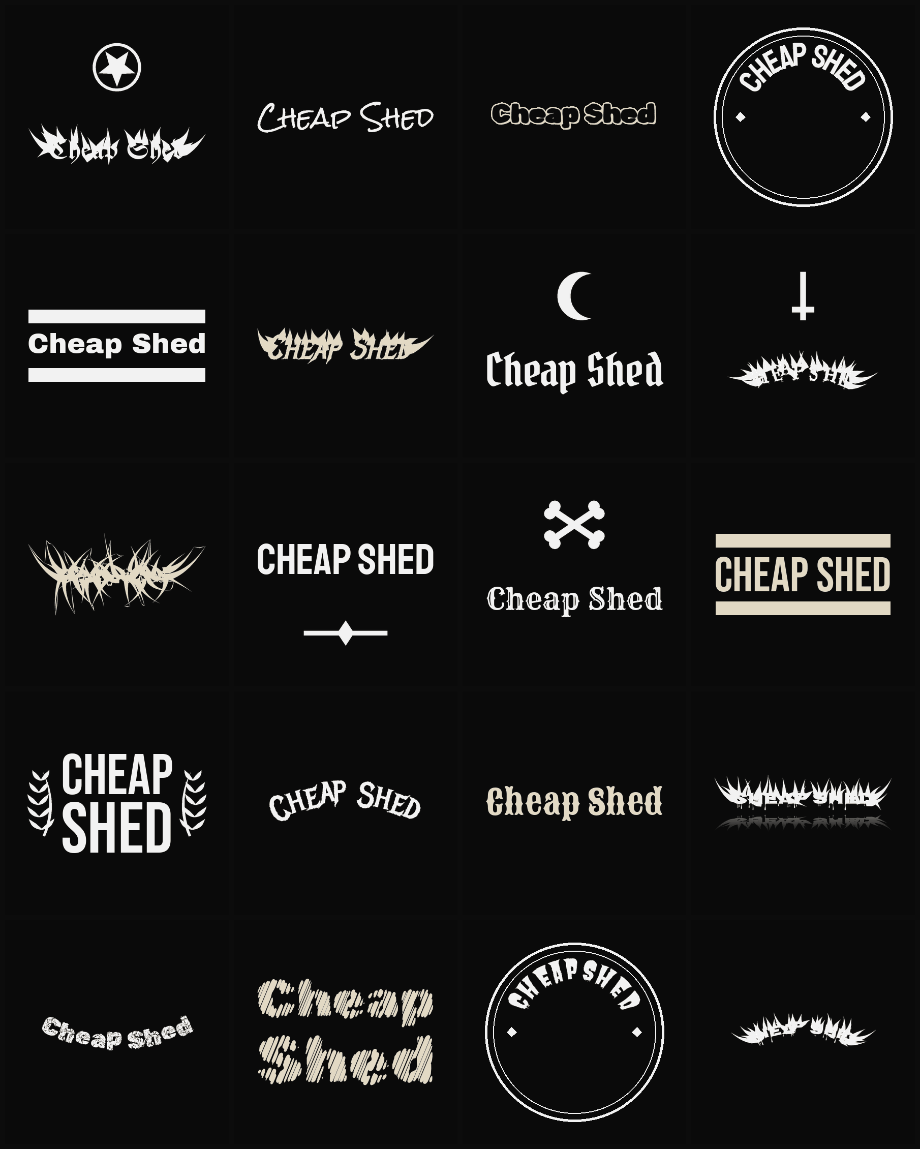 Twenty Cheap Shed band logo ideas — different faces, treatments and spike settings