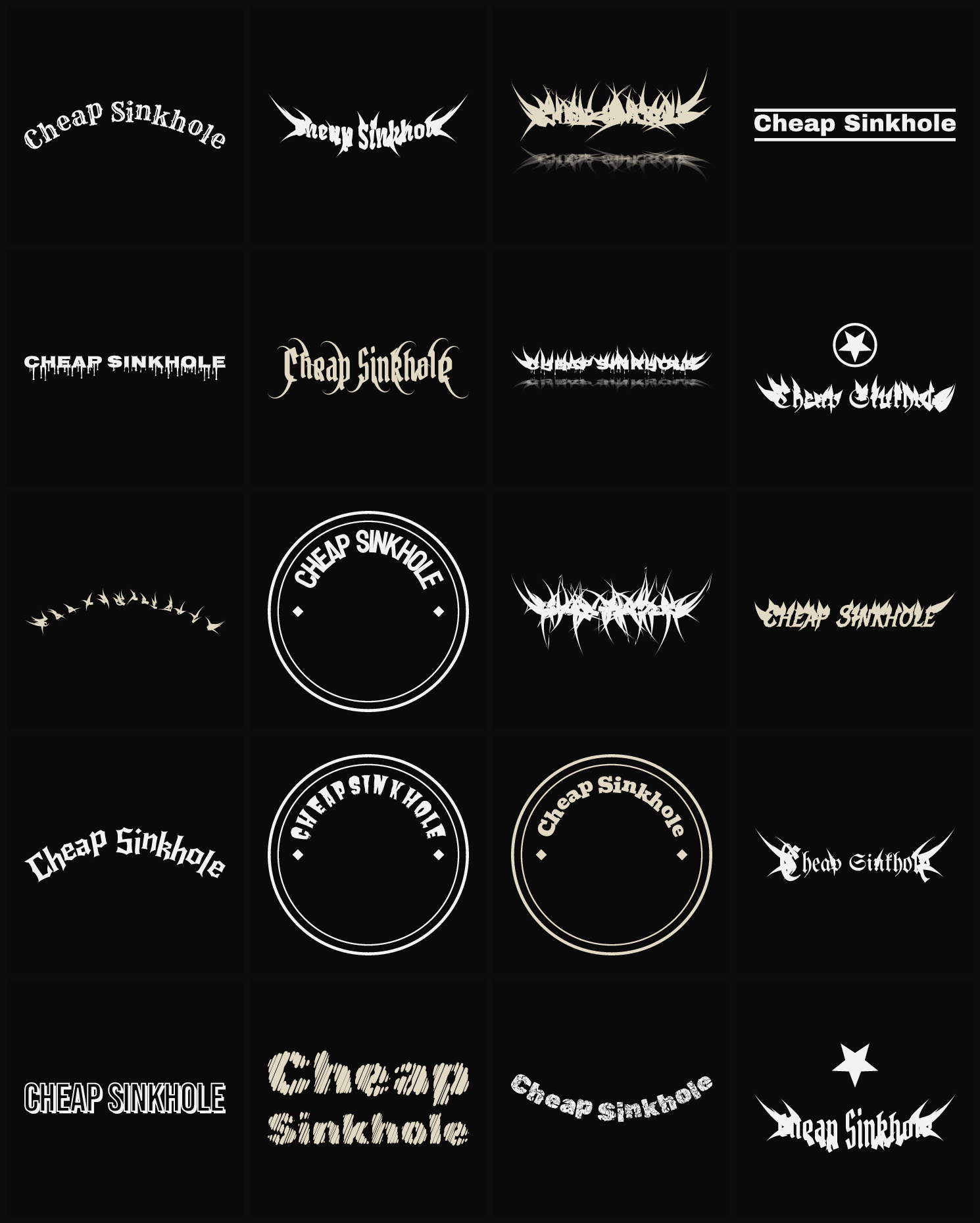 Twenty Cheap Sinkhole band logo ideas — different faces, treatments and spike settings
