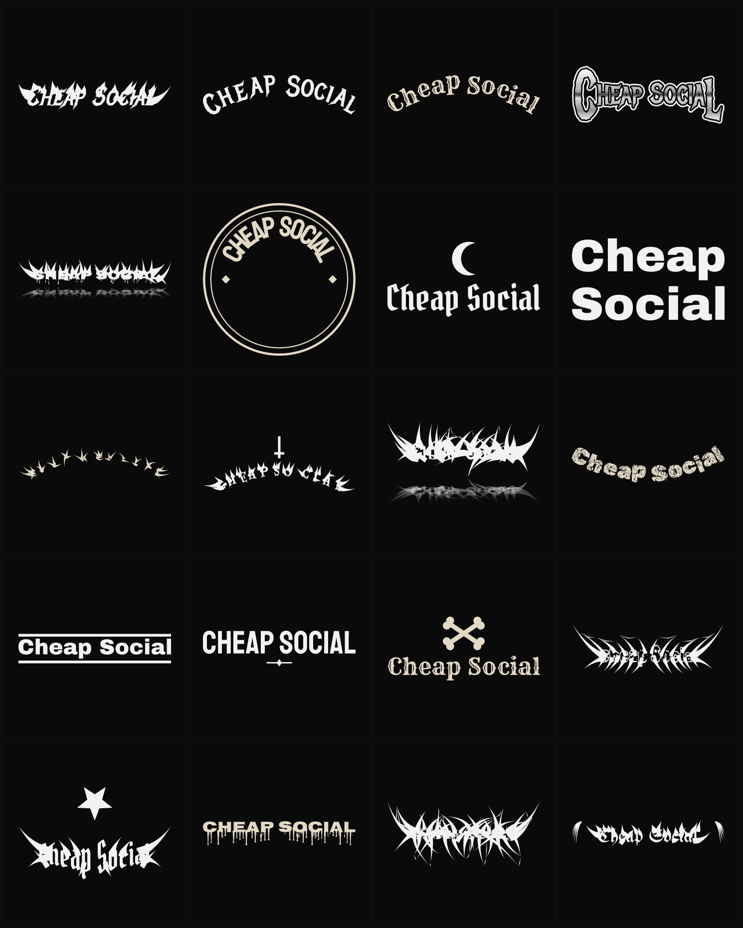 Twenty Cheap Social band logo ideas — different faces, treatments and spike settings