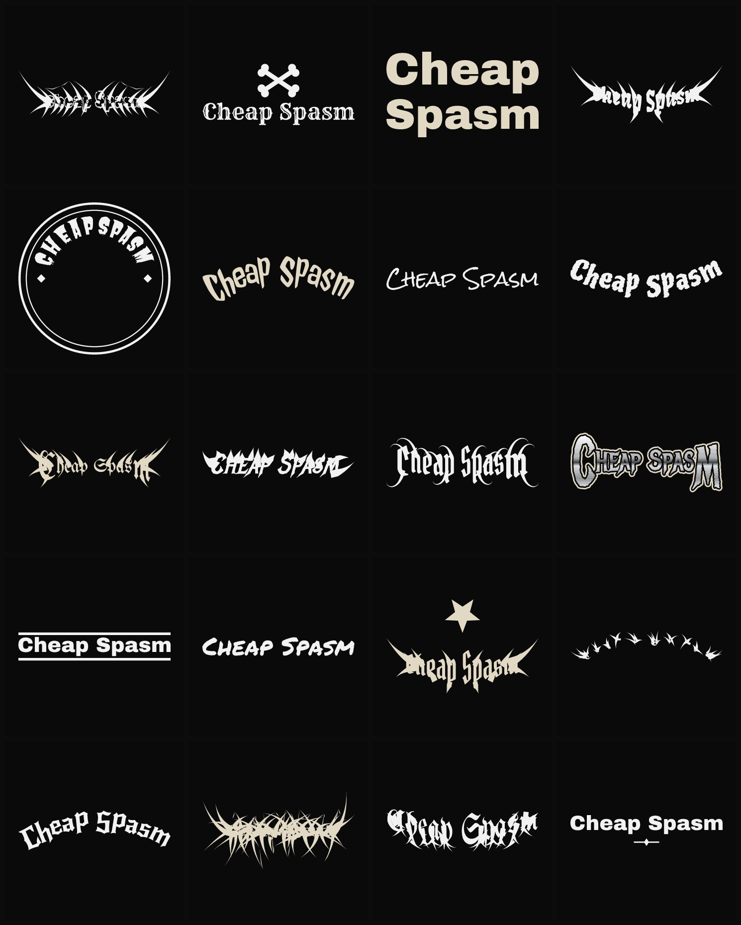 Twenty Cheap Spasm band logo ideas — different faces, treatments and spike settings