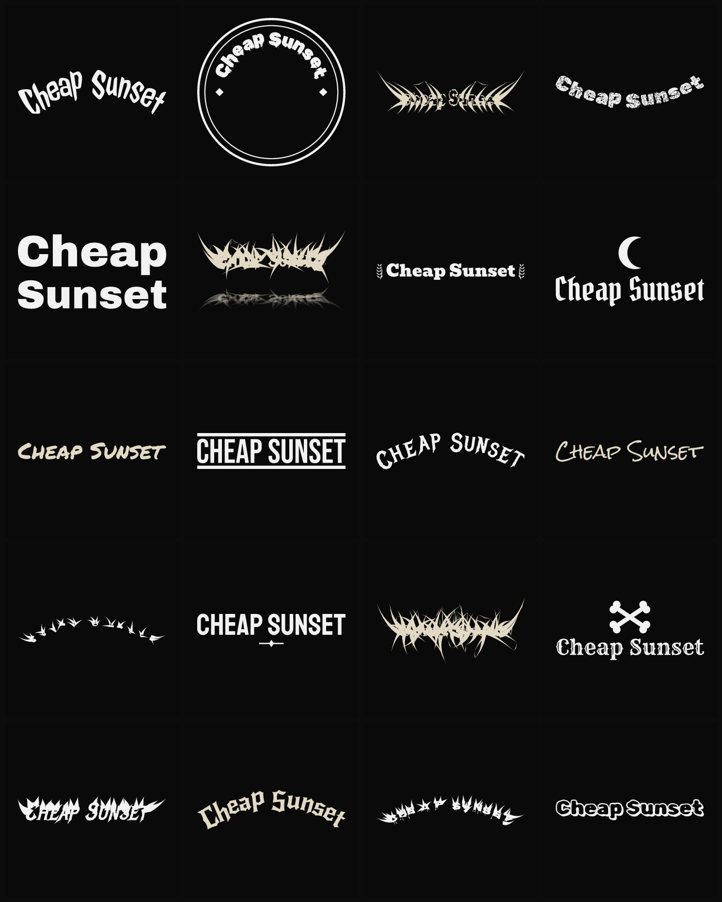 Twenty Cheap Sunset band logo ideas — different faces, treatments and spike settings
