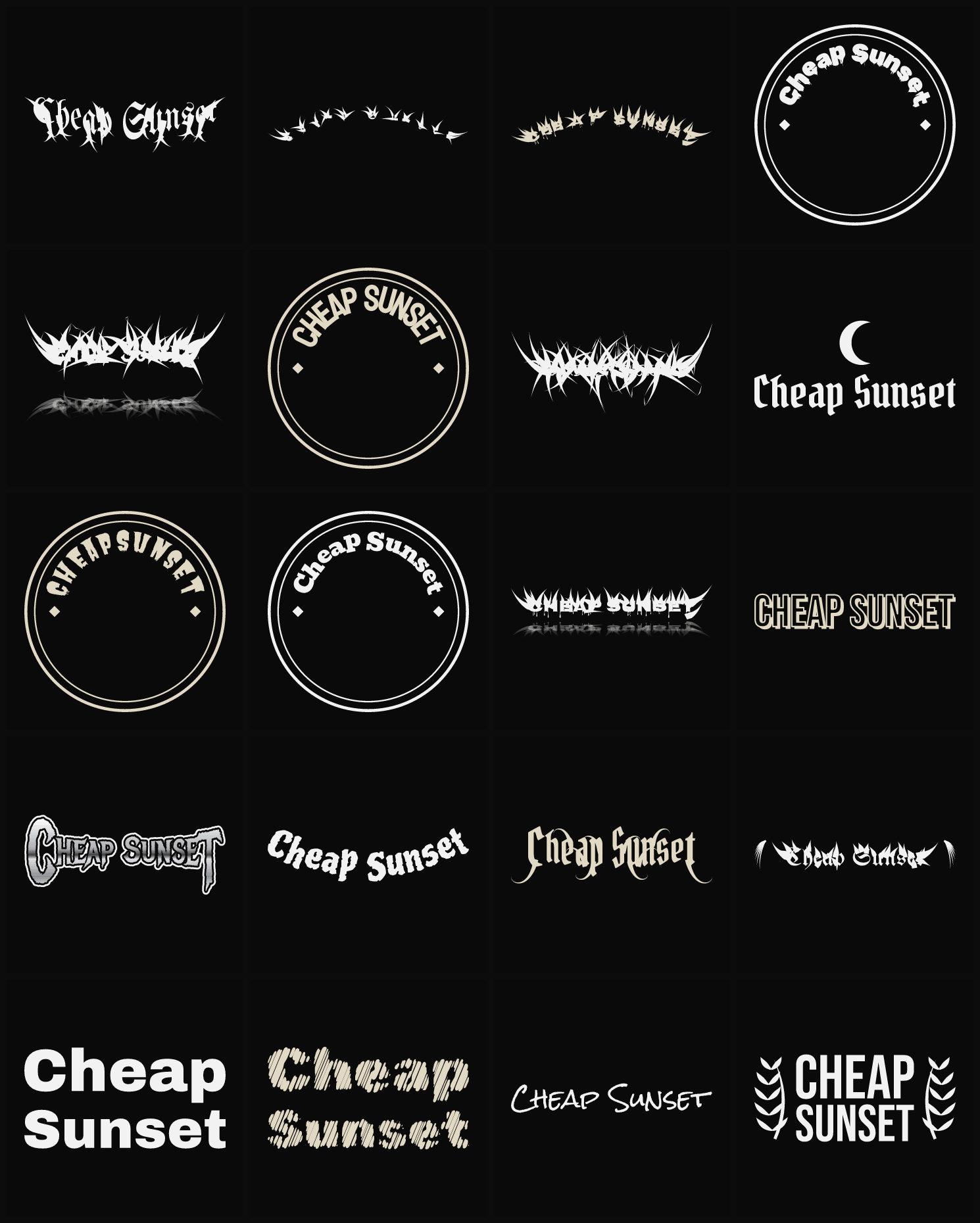 Twenty Cheap Sunset band logo ideas — different faces, treatments and spike settings