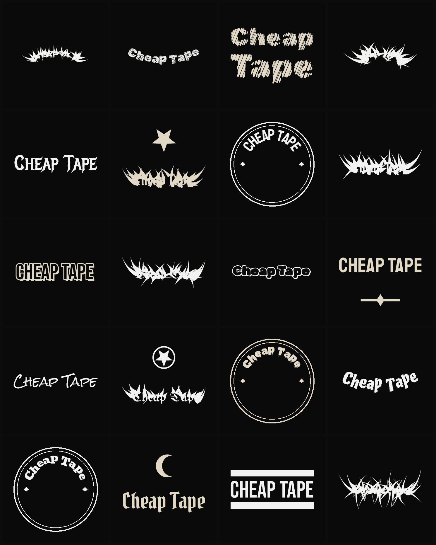 Twenty Cheap Tape band logo ideas — different faces, treatments and spike settings