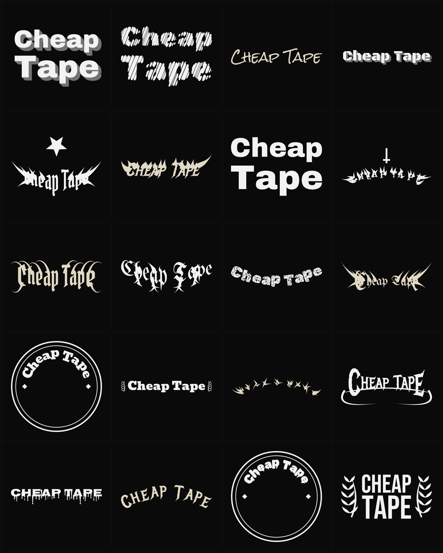 Twenty Cheap Tape band logo ideas — different faces, treatments and spike settings
