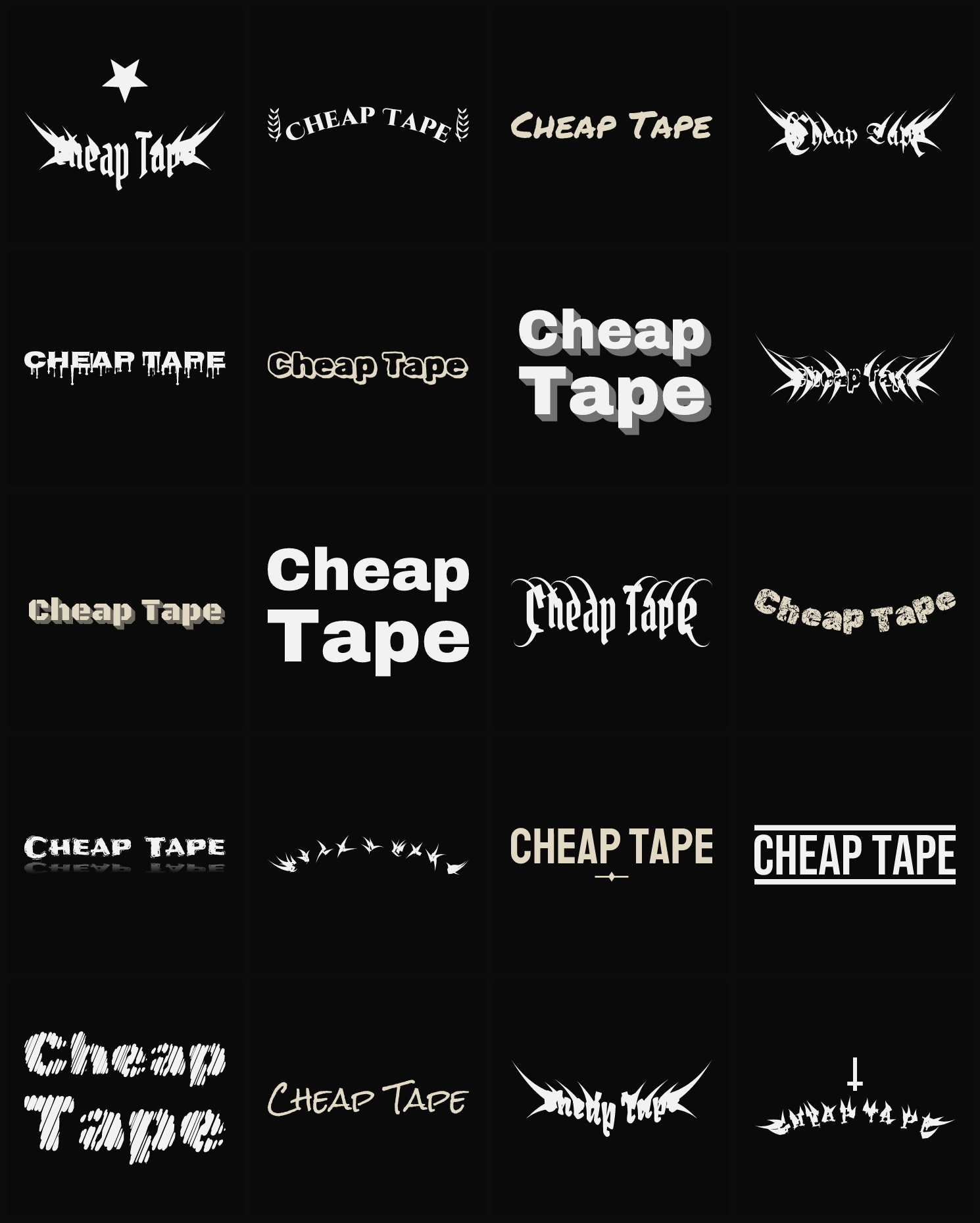 Twenty Cheap Tape band logo ideas — different faces, treatments and spike settings
