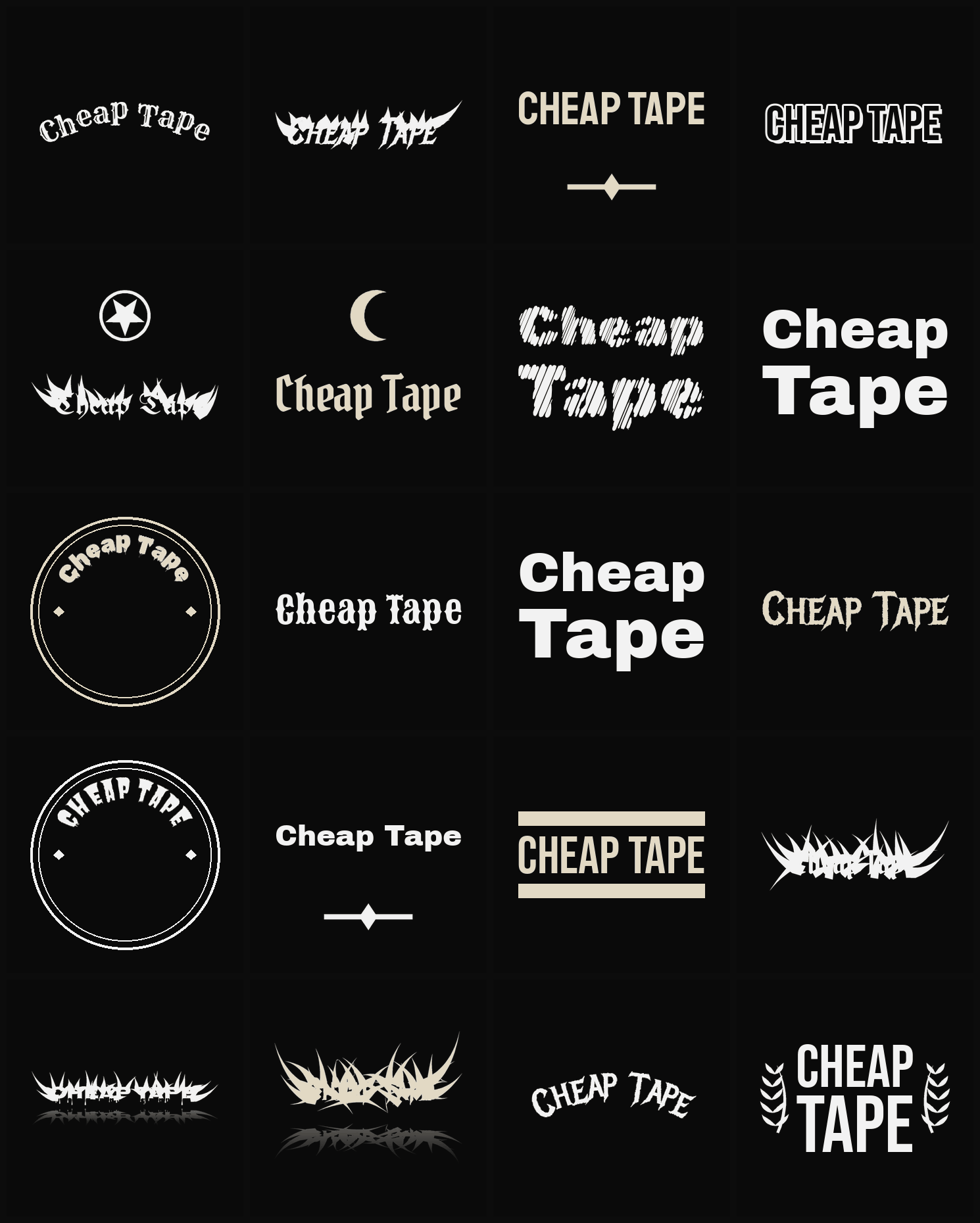 Twenty Cheap Tape band logo ideas — different faces, treatments and spike settings