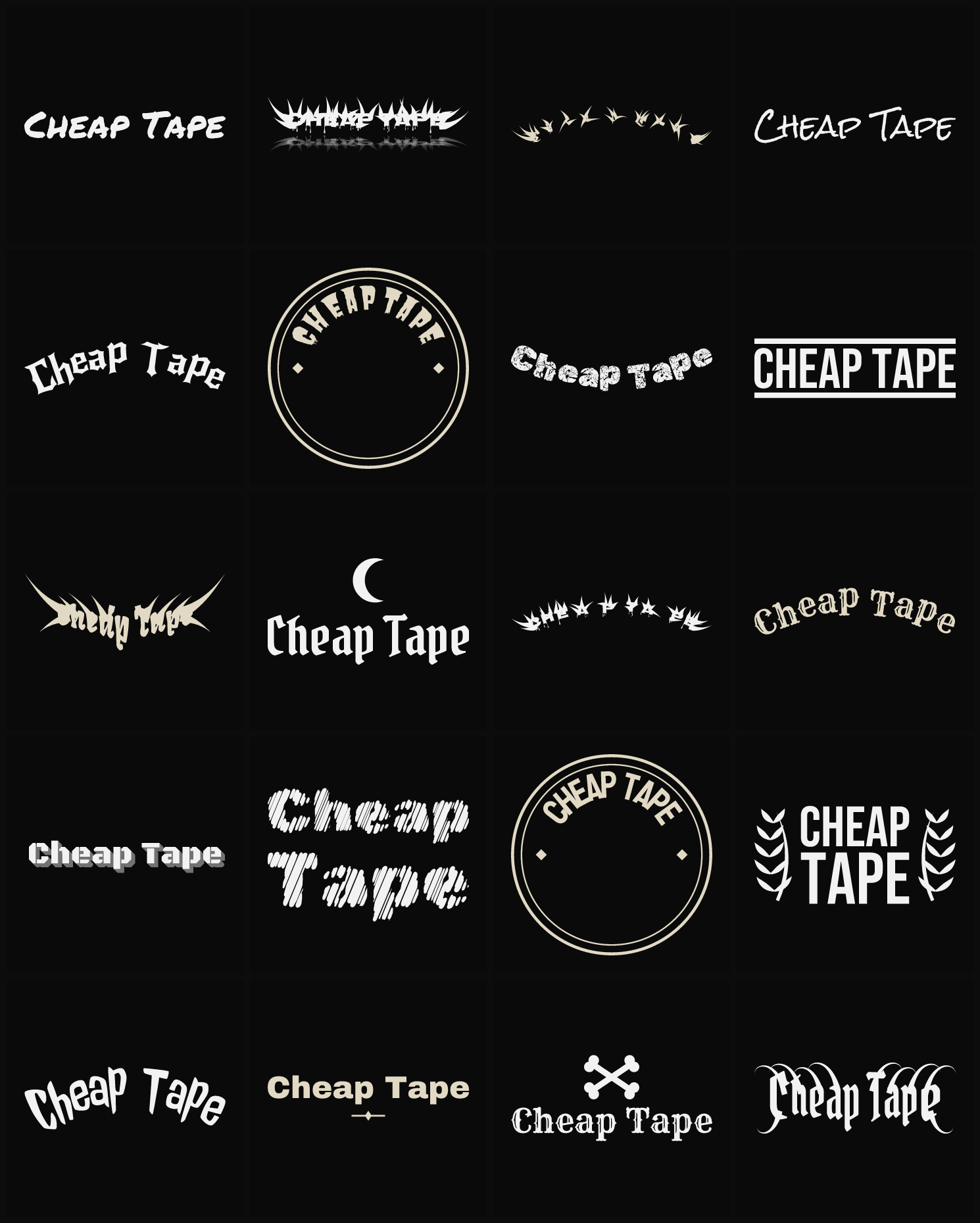 Twenty Cheap Tape band logo ideas — different faces, treatments and spike settings