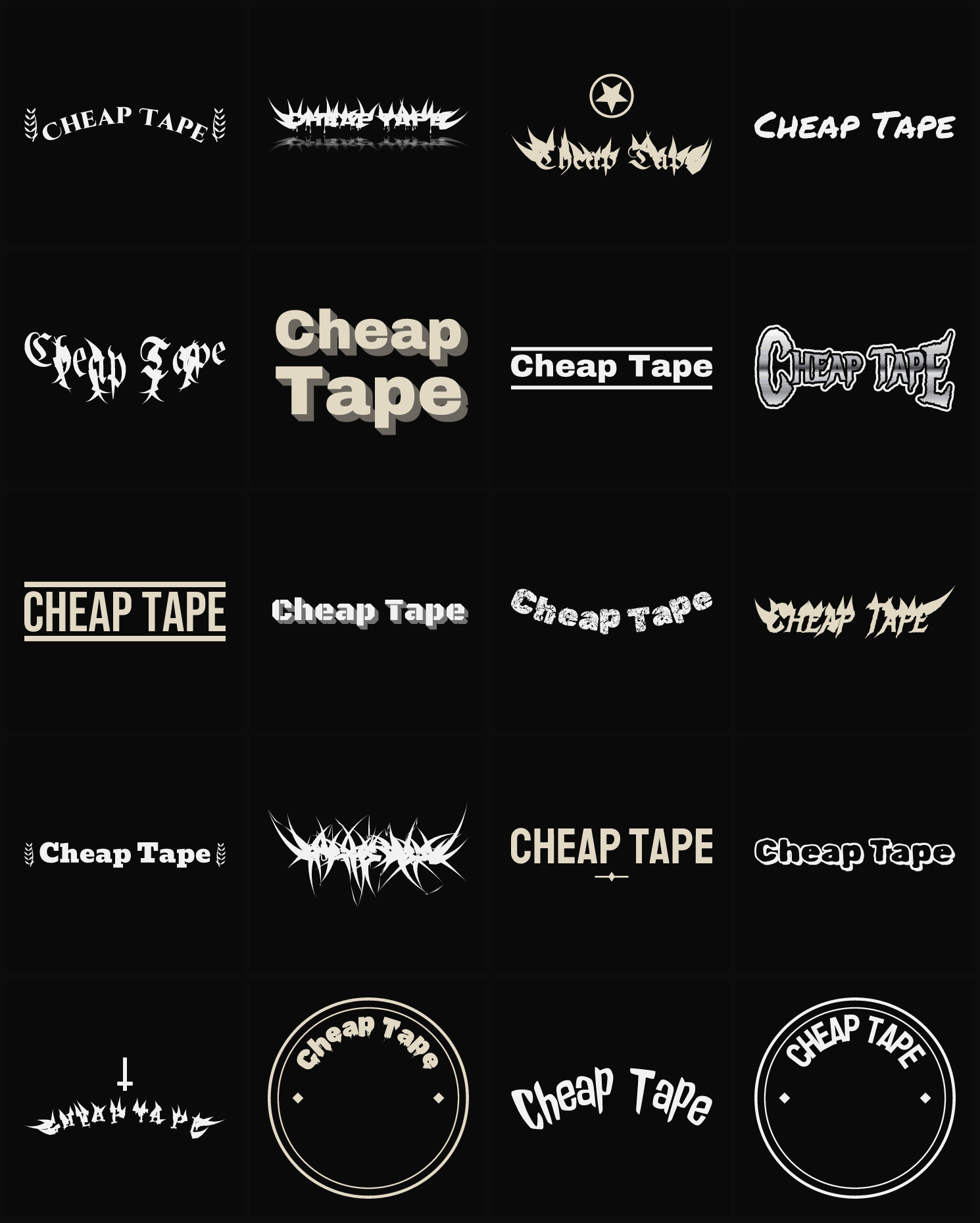 Twenty Cheap Tape band logo ideas — different faces, treatments and spike settings