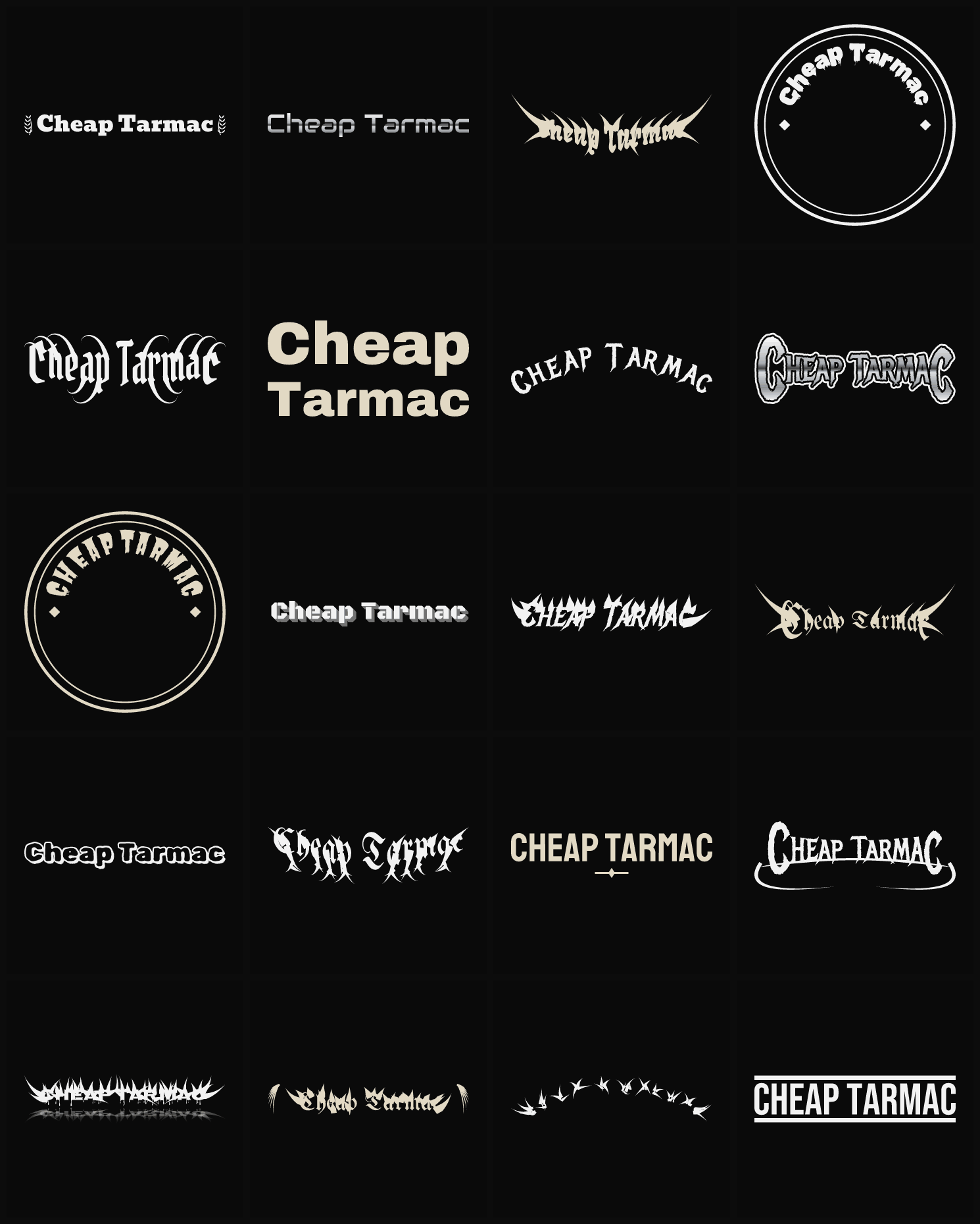 Twenty Cheap Tarmac band logo ideas — different faces, treatments and spike settings