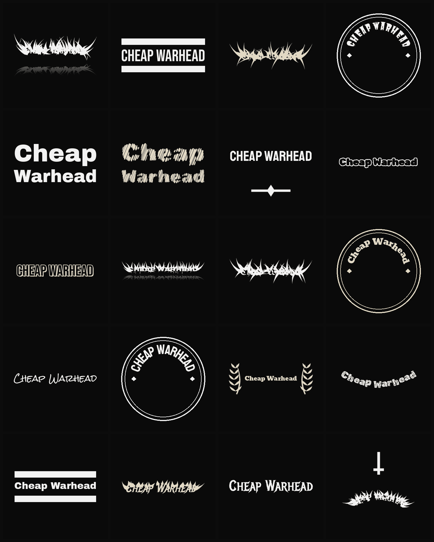 Twenty Cheap Warhead band logo ideas — different faces, treatments and spike settings
