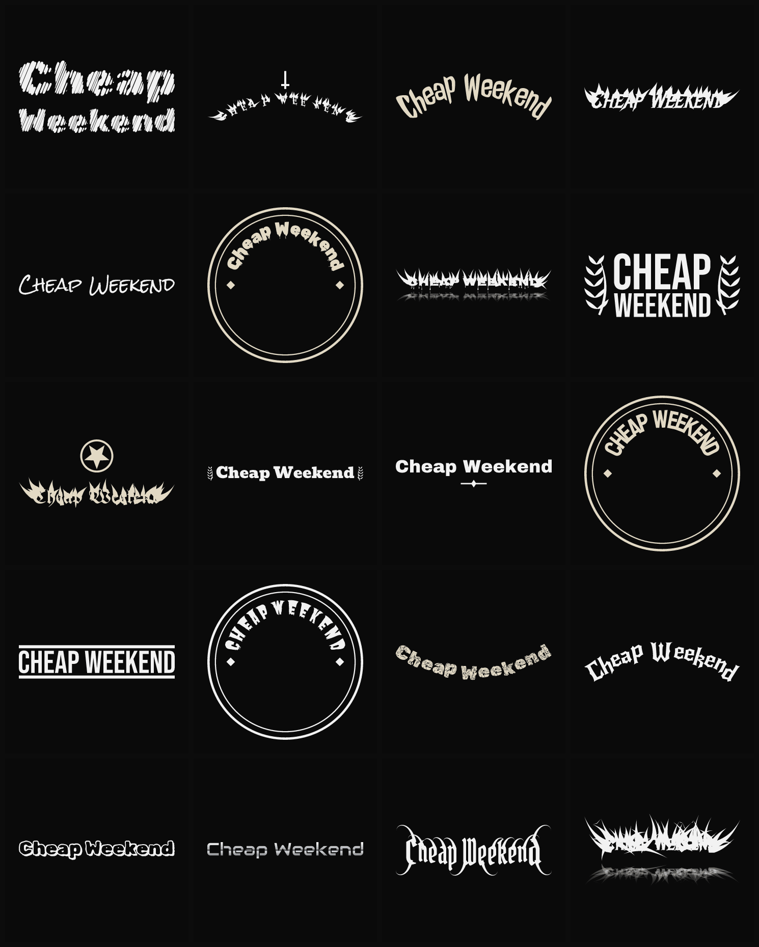 Twenty Cheap Weekend band logo ideas — different faces, treatments and spike settings