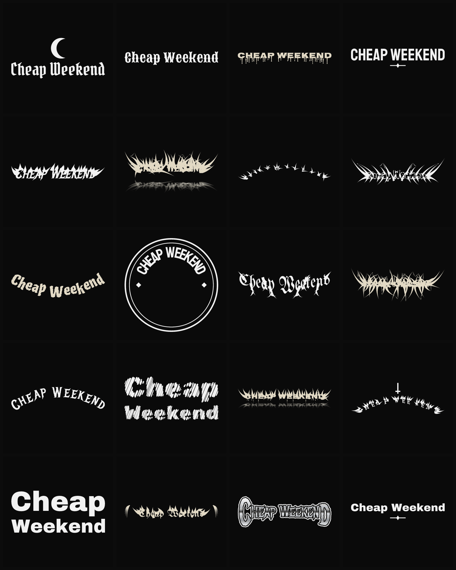Twenty Cheap Weekend band logo ideas — different faces, treatments and spike settings