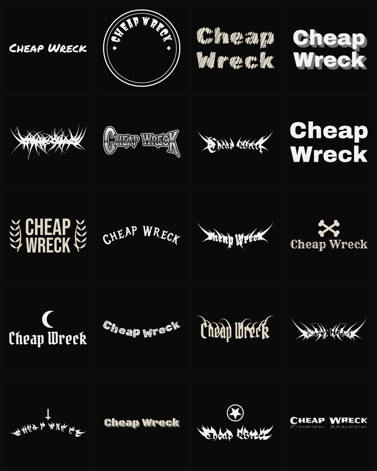 Twenty Cheap Wreck band logo ideas — different faces, treatments and spike settings