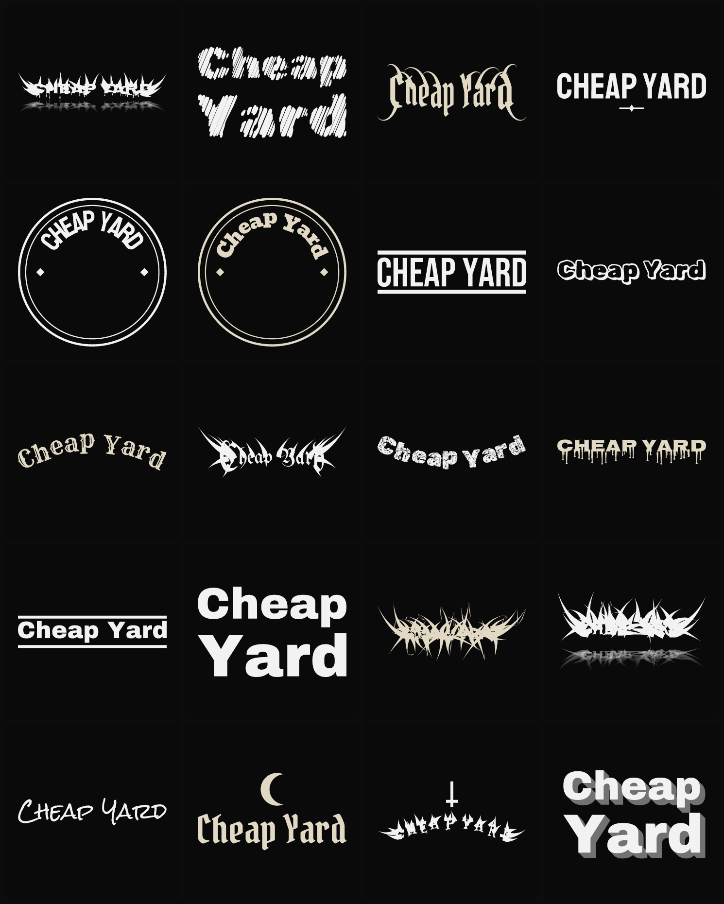 Twenty Cheap Yard band logo ideas — different faces, treatments and spike settings