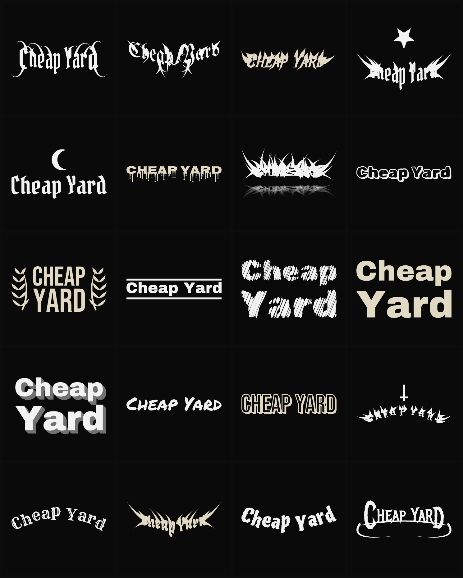 Twenty Cheap Yard band logo ideas — different faces, treatments and spike settings