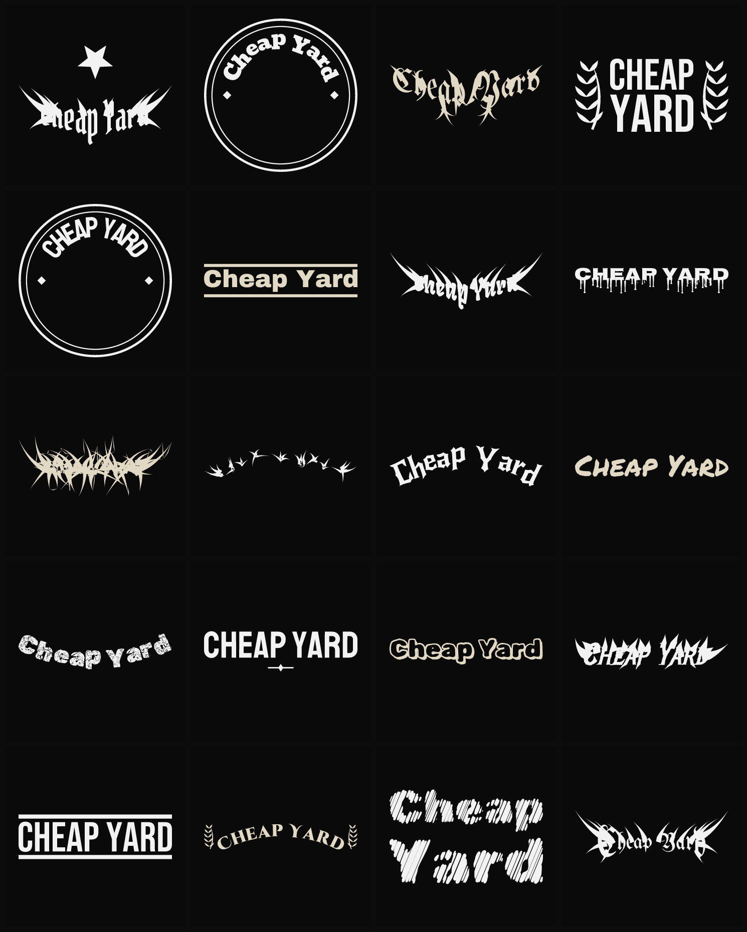 Twenty Cheap Yard band logo ideas — different faces, treatments and spike settings