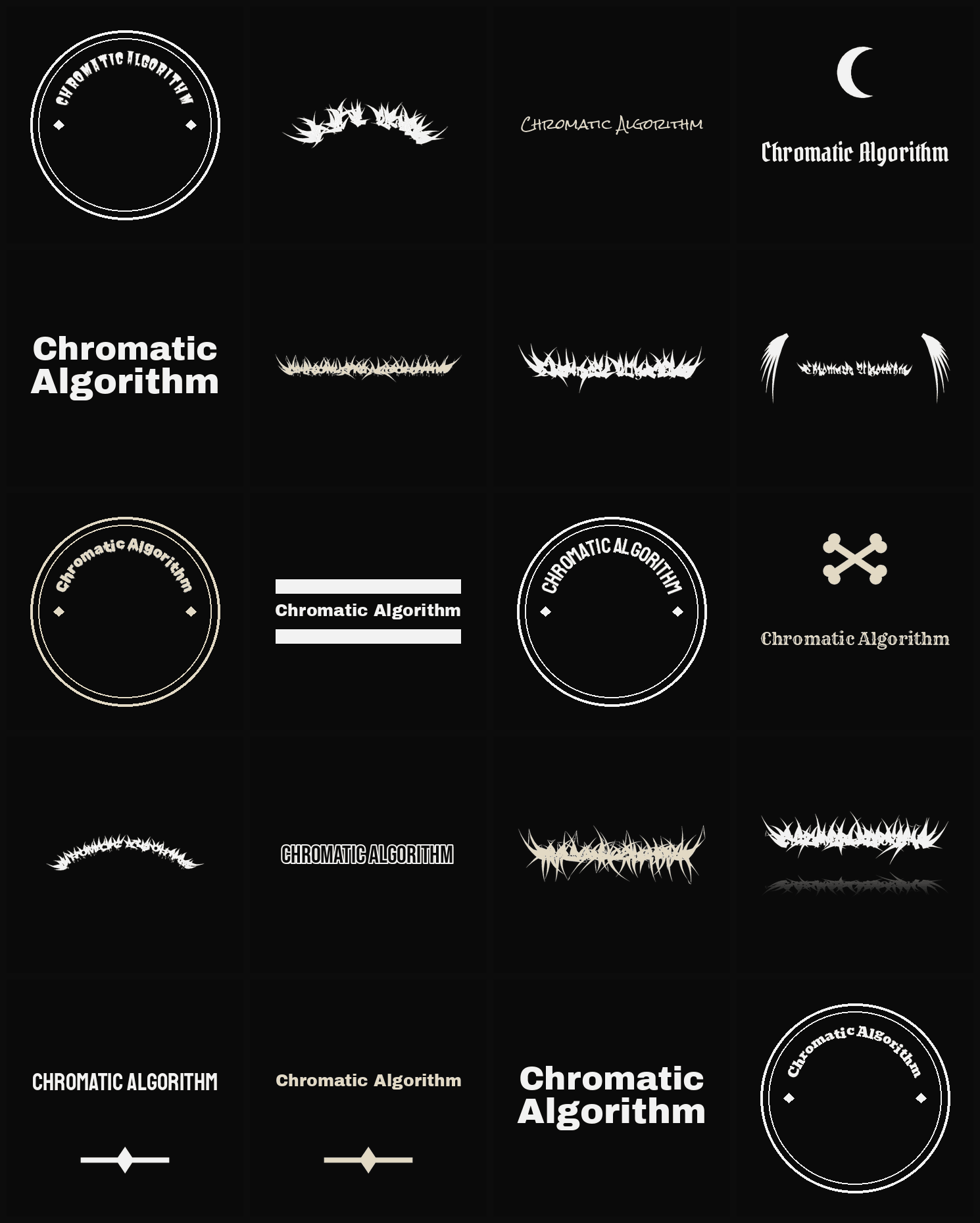 Twenty Chromatic Algorithm band logo ideas — different faces, treatments and spike settings