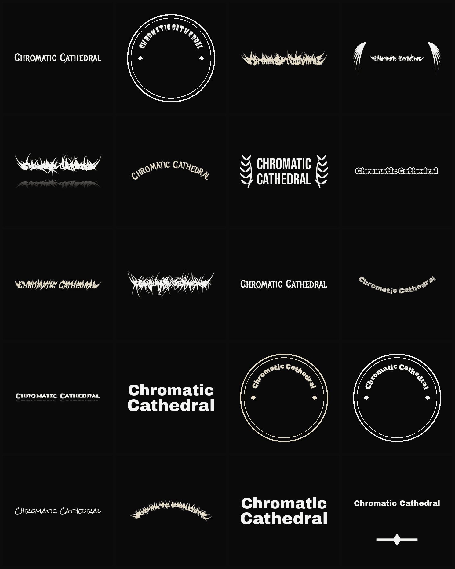 Twenty Chromatic Cathedral band logo ideas — different faces, treatments and spike settings