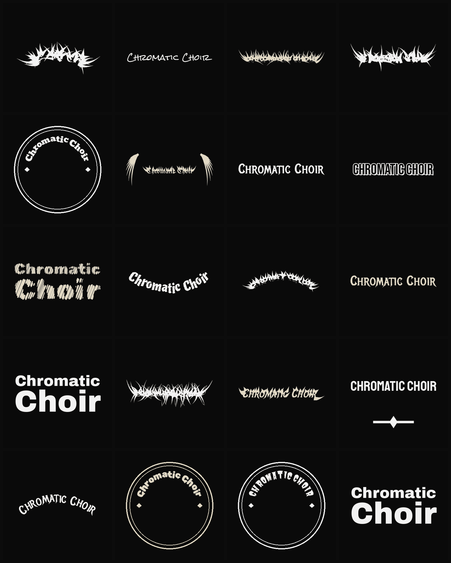 Twenty Chromatic Choir band logo ideas — different faces, treatments and spike settings