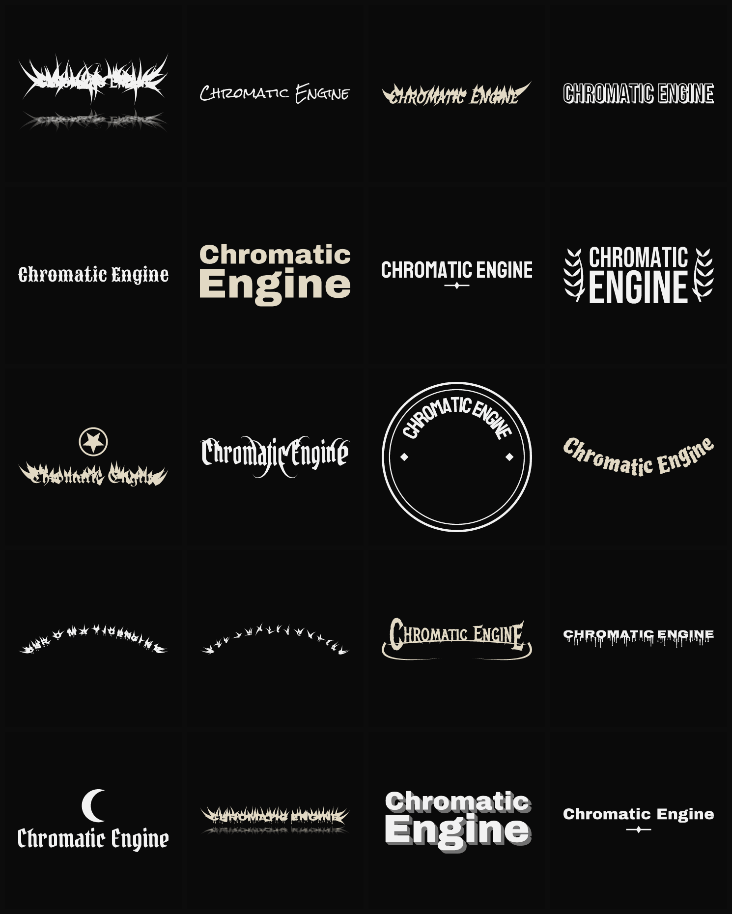 Twenty Chromatic Engine band logo ideas — different faces, treatments and spike settings