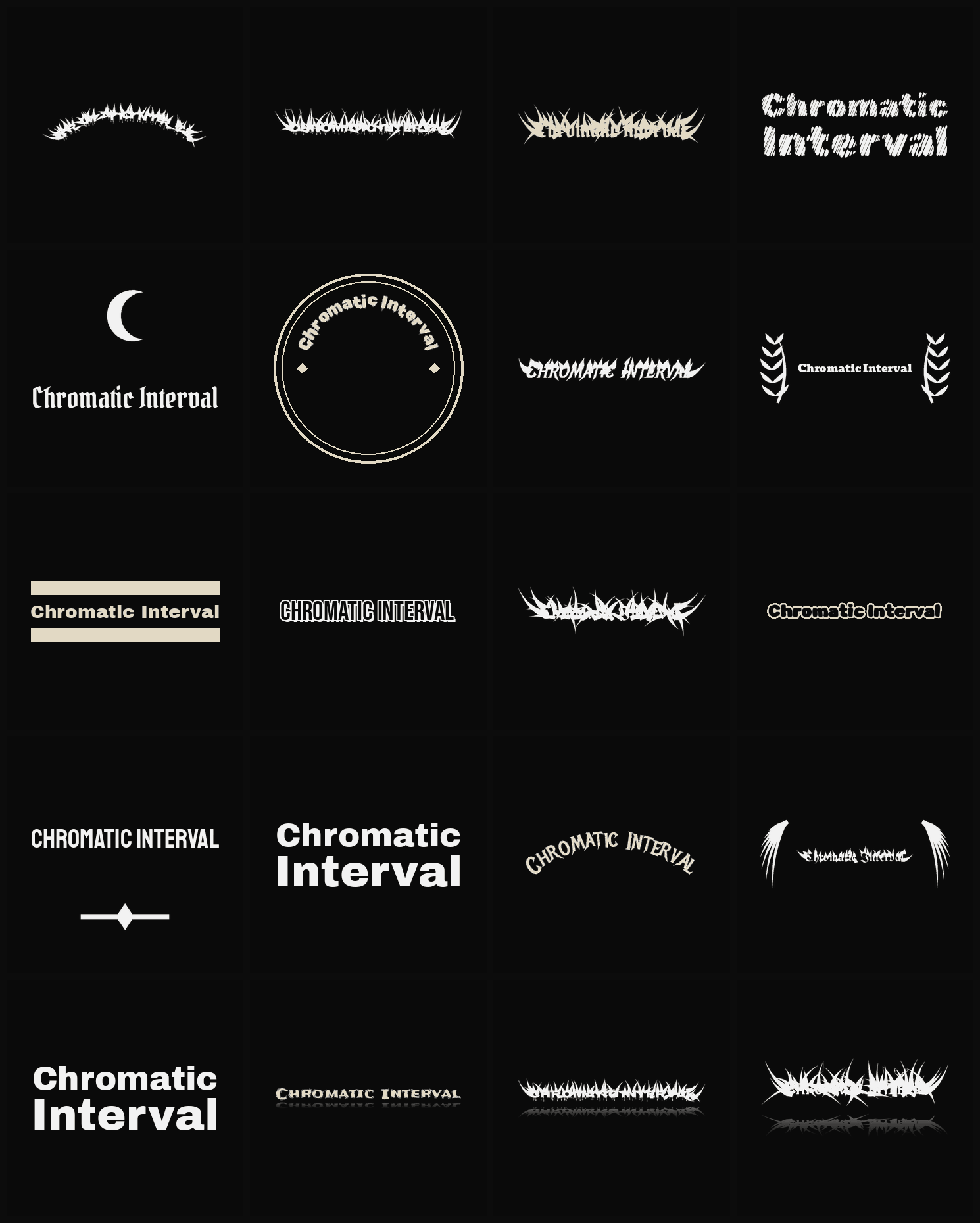 Twenty Chromatic Interval band logo ideas — different faces, treatments and spike settings