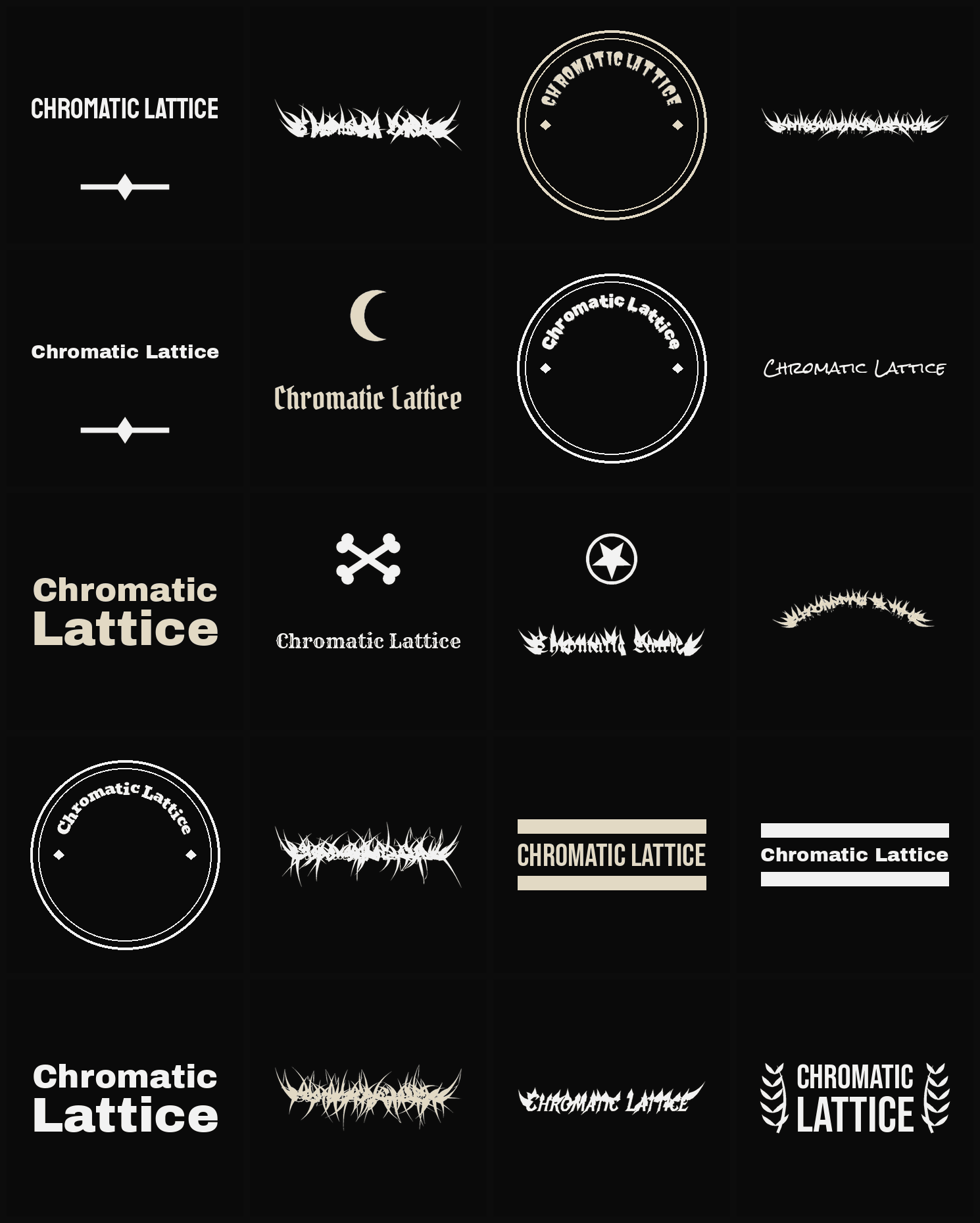 Twenty Chromatic Lattice band logo ideas — different faces, treatments and spike settings