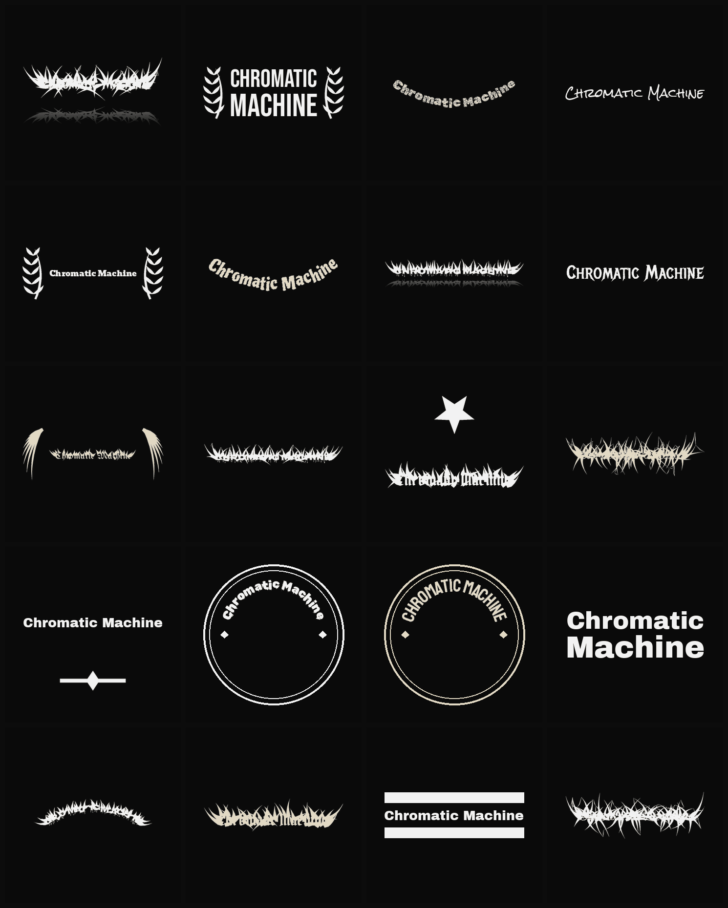 Twenty Chromatic Machine band logo ideas — different faces, treatments and spike settings
